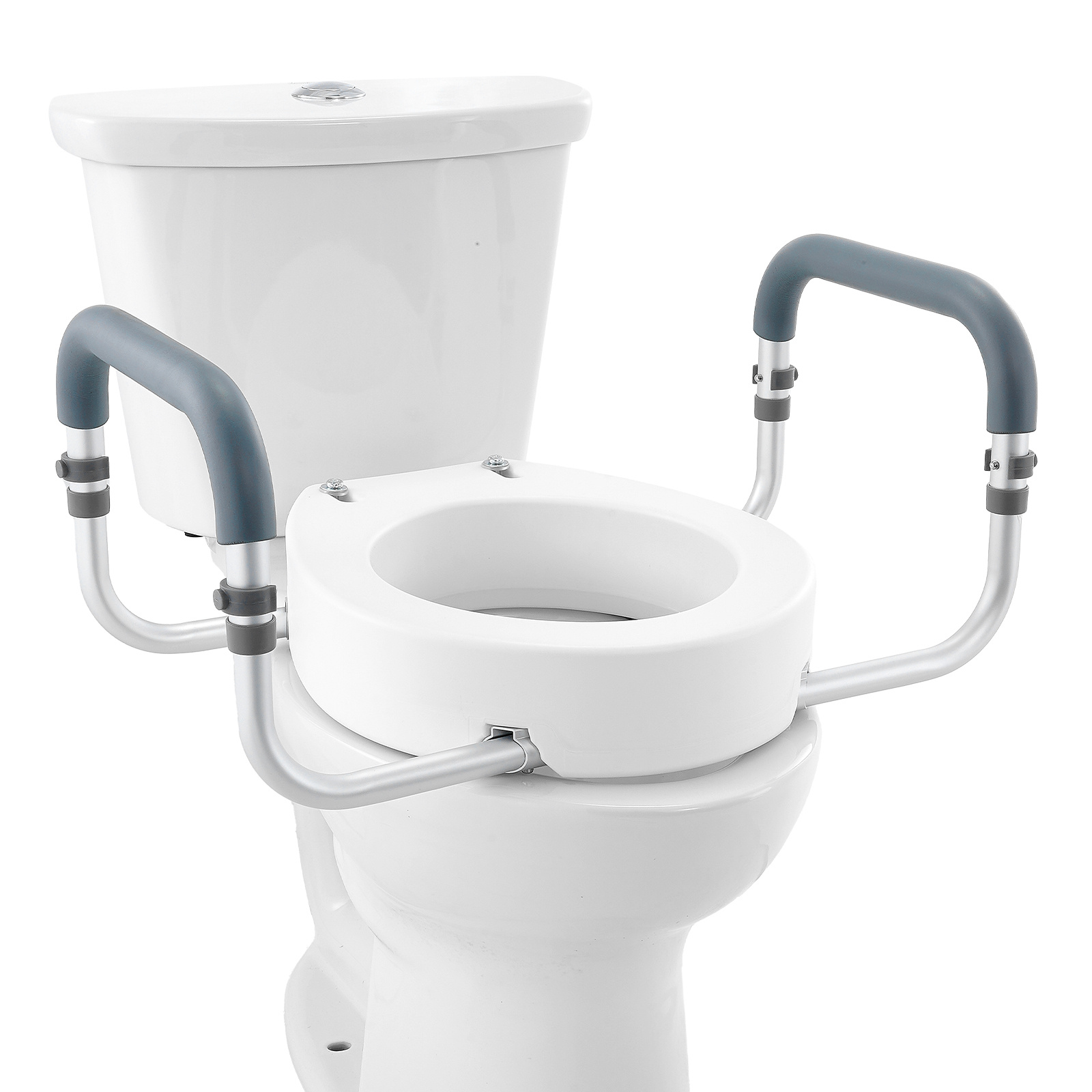 TEMU Asiento de inodoro elevado VEVOR, altura elevada de 3,5", capacidad de peso de 300 libras, para inodoro estándar, barra de de aluminio, con
