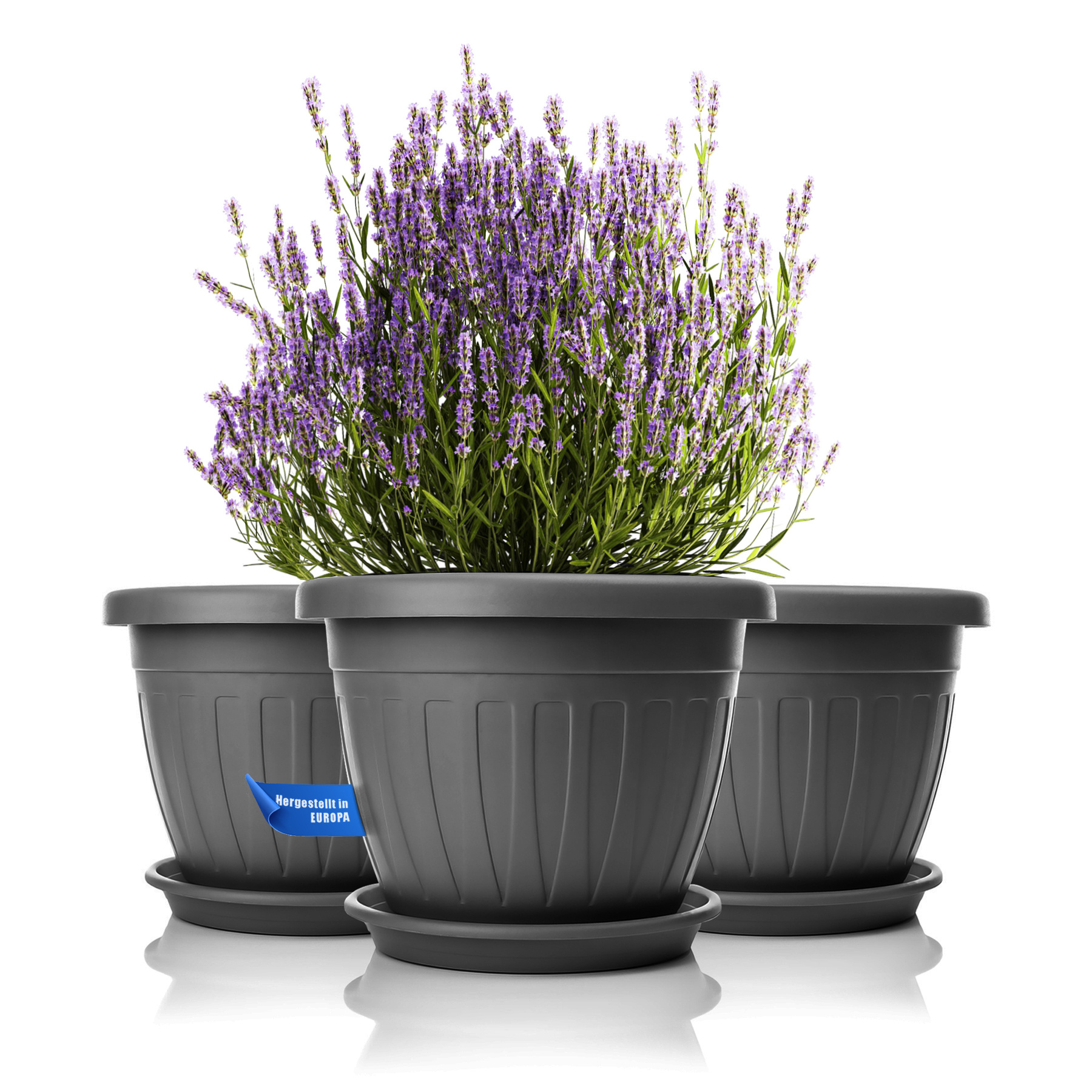 Image of Bigdean 3-pack Flower Pots With Saucers, Round, Ø40xh31 Cm, - Weatherproof Planter - Water Drainage, Uv-resistant, Shatterproof Plastic - Suitable For Indoor & Outdoor Use -