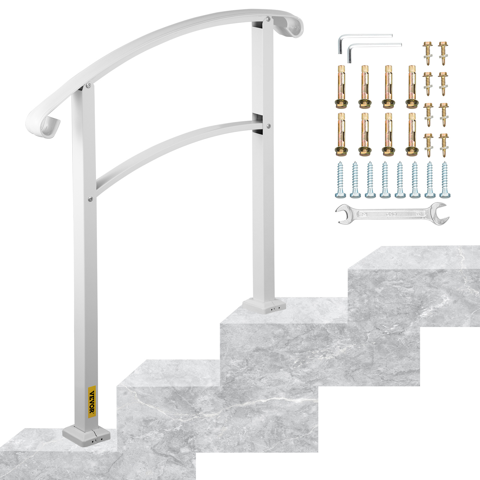 Vevor Handrails For Outdoor Steps Fits 1 Or 3 Steps Matte White Stair Rail Wrought Iron Handrail With Installation Kit Hand Rails For Outdoor Step
