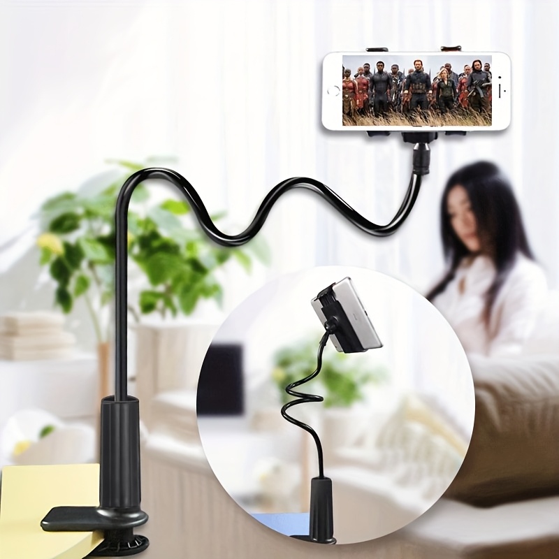 Universal 360° Rotating Phone Holder Stand, Flexible Gooseneck, Plastic Material, with Dual Clamps and Spiral Base, for Bedside and Desk Use, Compatible with Smartphones and Tablets
