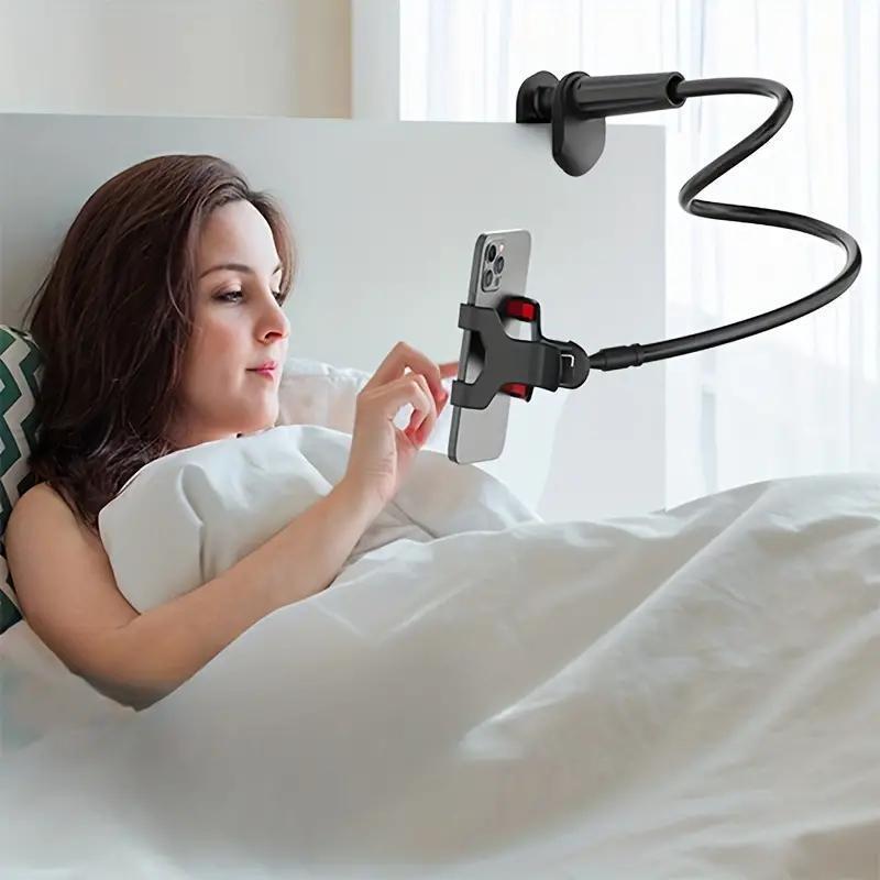 Universal 360° Rotating Phone Holder Stand, Flexible Gooseneck, Plastic Material, with Dual Clamps and Spiral Base, for Bedside and Desk Use, Compatible with Smartphones and Tablets