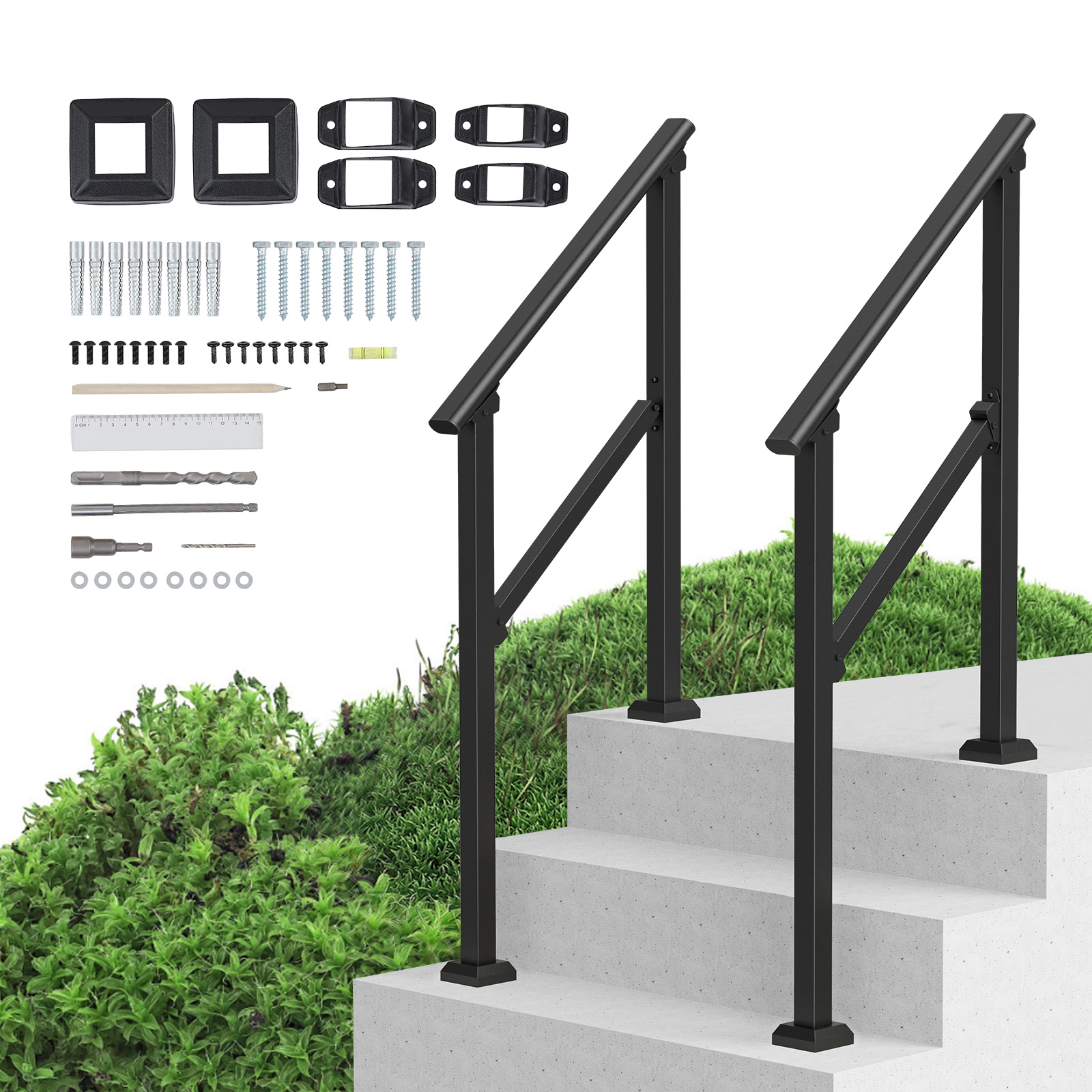 Vevor 2pcs 2-3 Handrails For Outdoor For Seniors Porch Deck Black Square Tube
