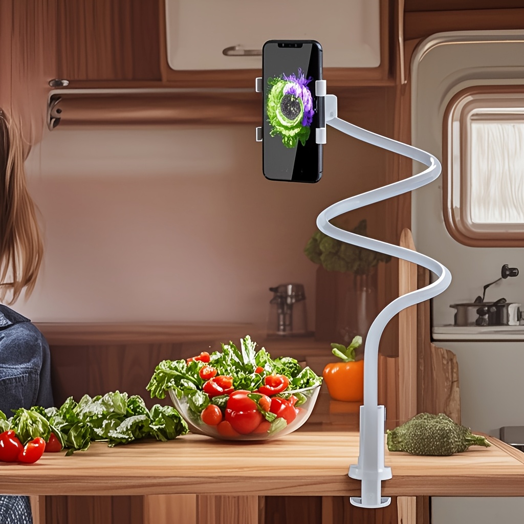 Universal 360° Rotating Phone Holder Stand, Flexible Gooseneck, Plastic Material, with Dual Clamps and Spiral Base, for Bedside and Desk Use, Compatible with Smartphones and Tablets