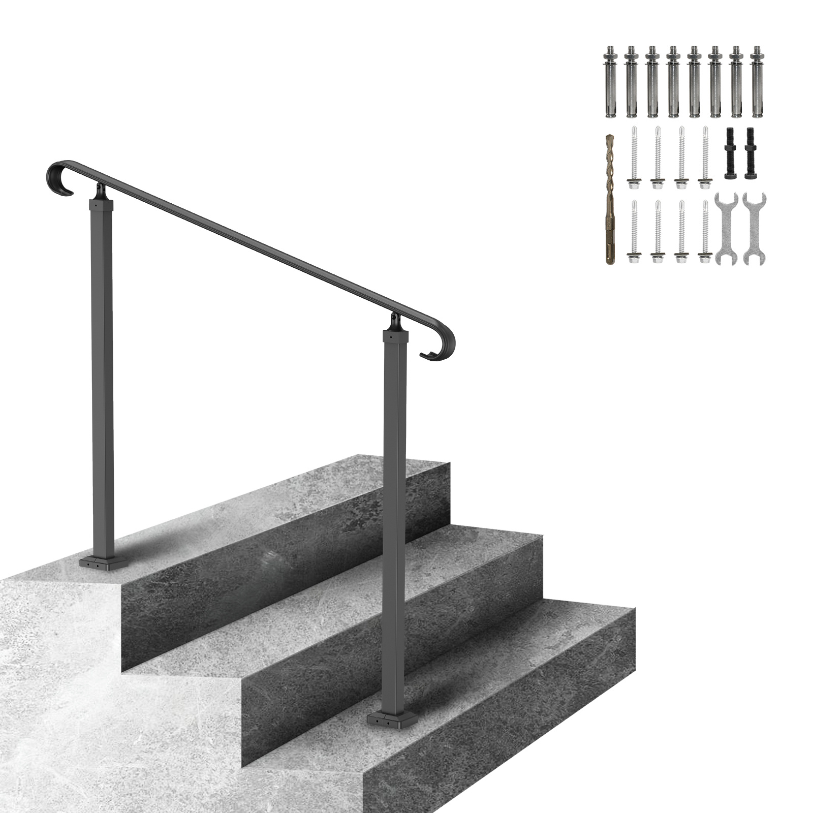 Image of Vevor Wrought Iron Handrail, Fit 2 Or 3 Steps Outdoor Stair Railing, Adjustable Front Porch Hand Rail, Black Hand Railings For Concrete Steps Or Wooden Stairs With Installation Kit