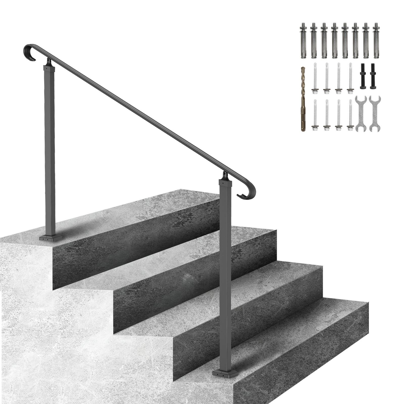 Vevor Wrought Iron Handrail, Fit 2 Or 3 Steps Outdoor Stair Railing, Adjustable Front Porch Hand Rail, Black Hand Railings For Concrete Steps Or Wooden Stairs With Installation Kit