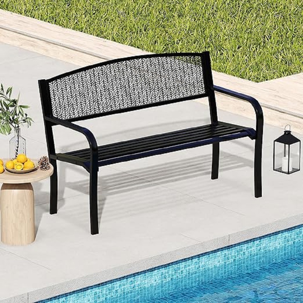 Metal Garden Bench, Park Bench For 2 To 3 , With Comfortable Armrests And Curved Seat