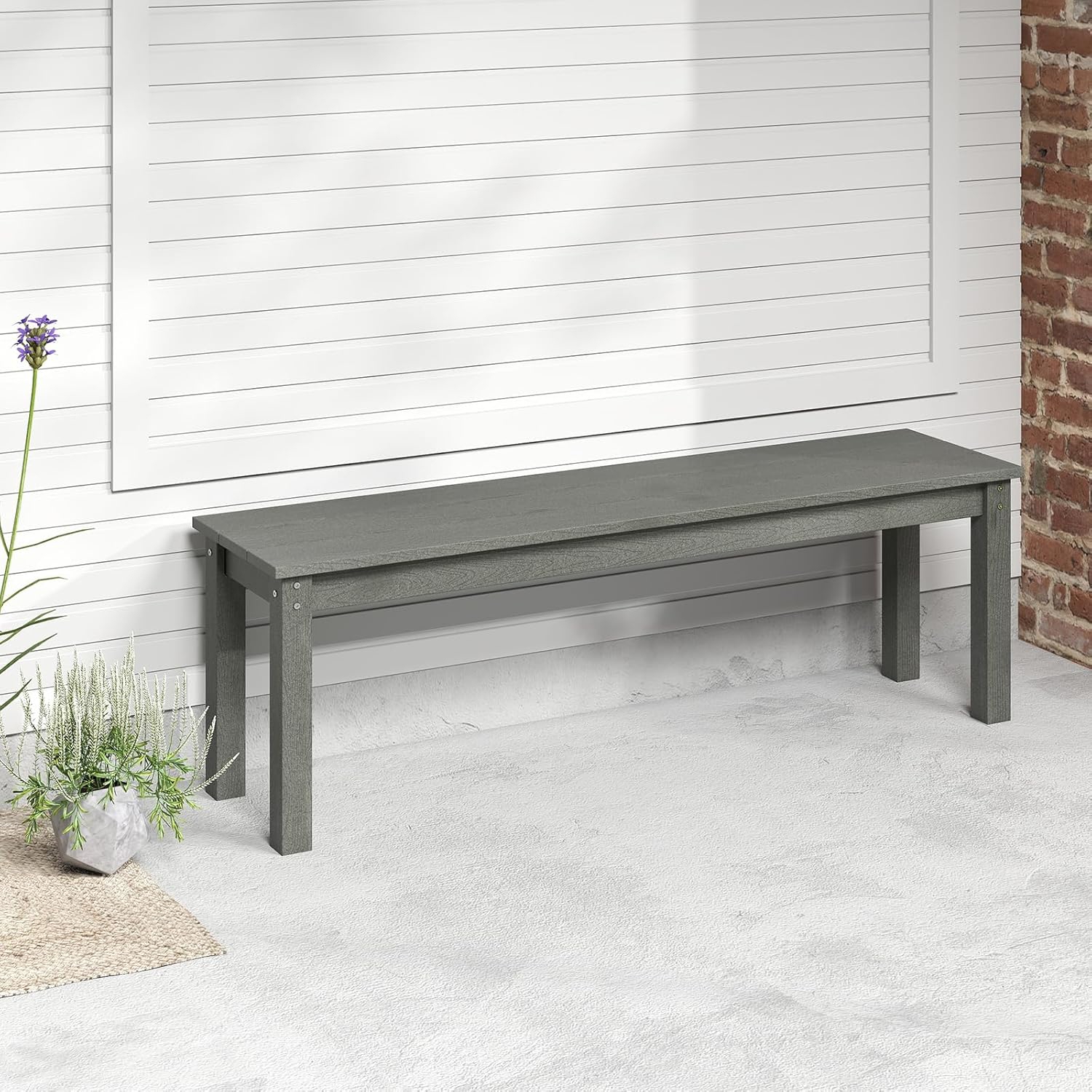 Outdoor Bench, 3 Person Hdpe Patio Bench, 55" Backless Garden Bench With Slatted Seat, Park Bench