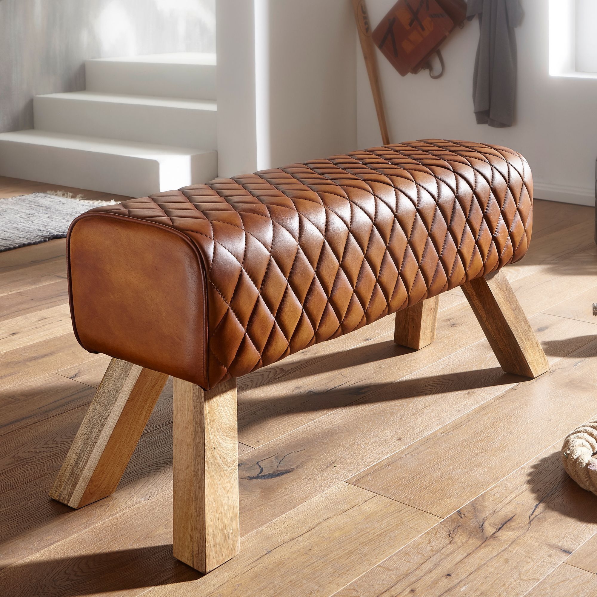 Leather Bench / Solid Wood 89x46x35 Cm Modern Leather Turnbench, Springbench Leather Stool, Upholstered Turnbench