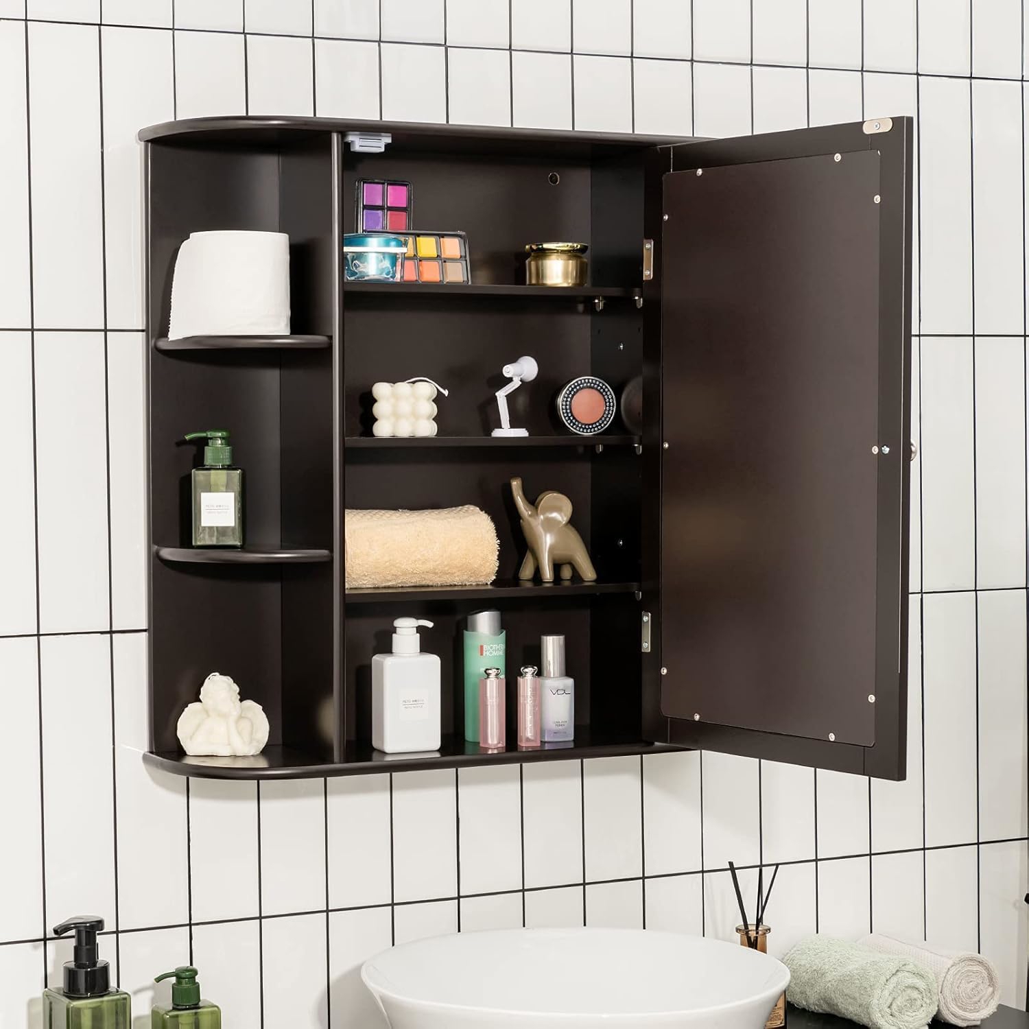 Bathroom Cabinet With Mirror, Wall Mounted Storage Cabinet With Mirrored Door, Open Compartments