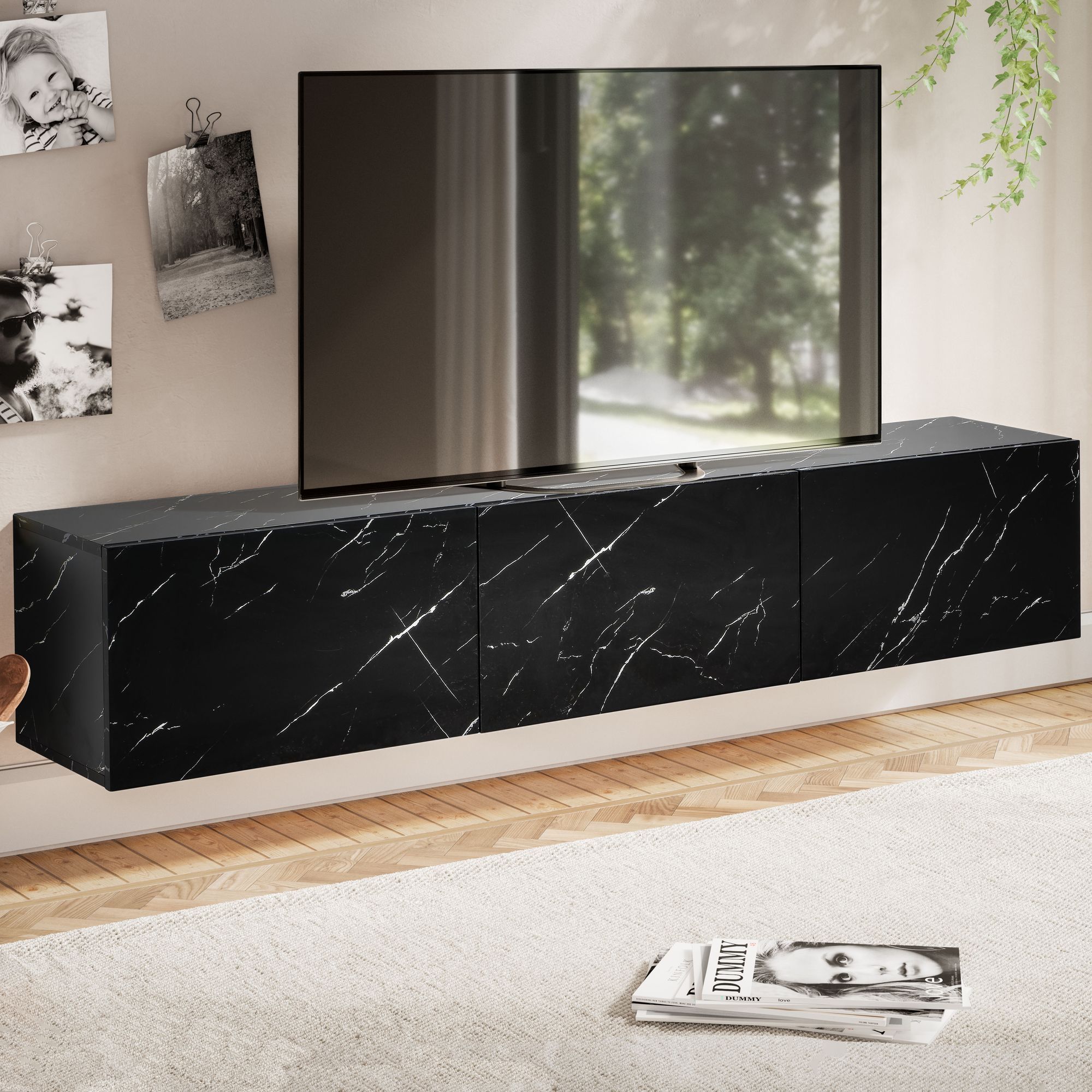 Image of Lowboard Hanging Marble-look 160x30x30 Cm Tv Cabinet, Design Tv Table With Folding Doors Modern, Wall-mounted Tv Cabinet, Hanging Tv Sideboard