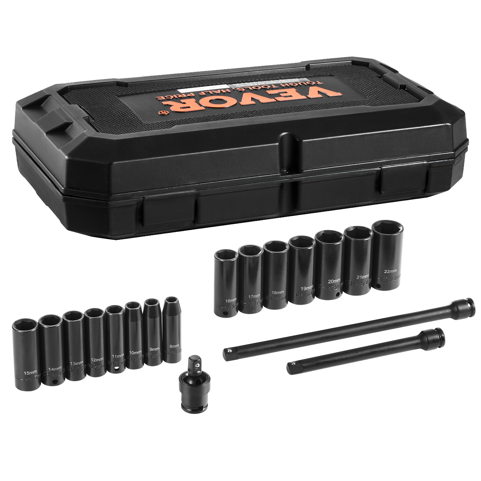 Vevor Impact Sockets Set 18pcs 6-point 3/8" Drive Bit Ratchet Tool Kit Case