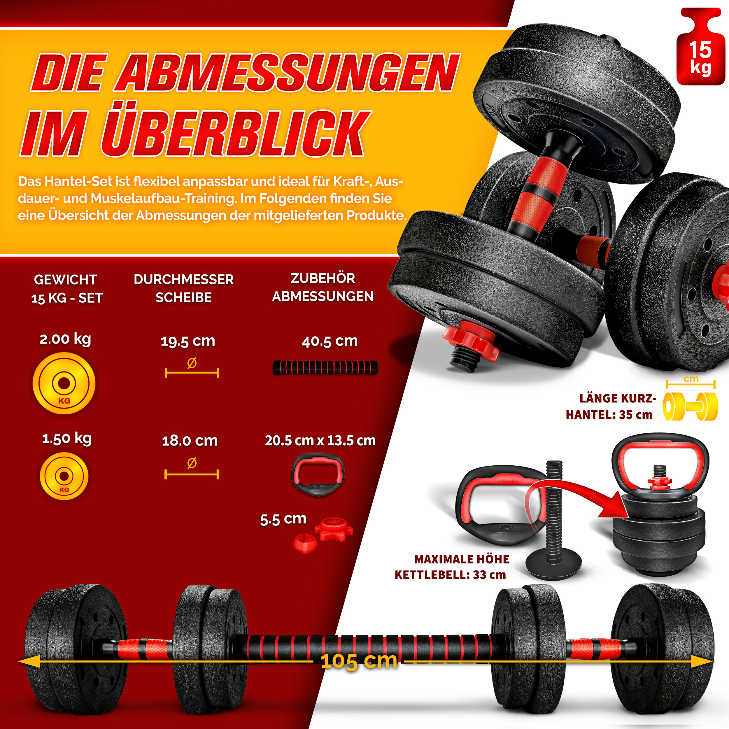RE:SPORT 2-in-1 Dumbbell Set 20 kg | Verstelbare Dumbbell Set | Korte Dumbbell & Lange Dumbbell | Sterluchtingen & Verbindingsbuis