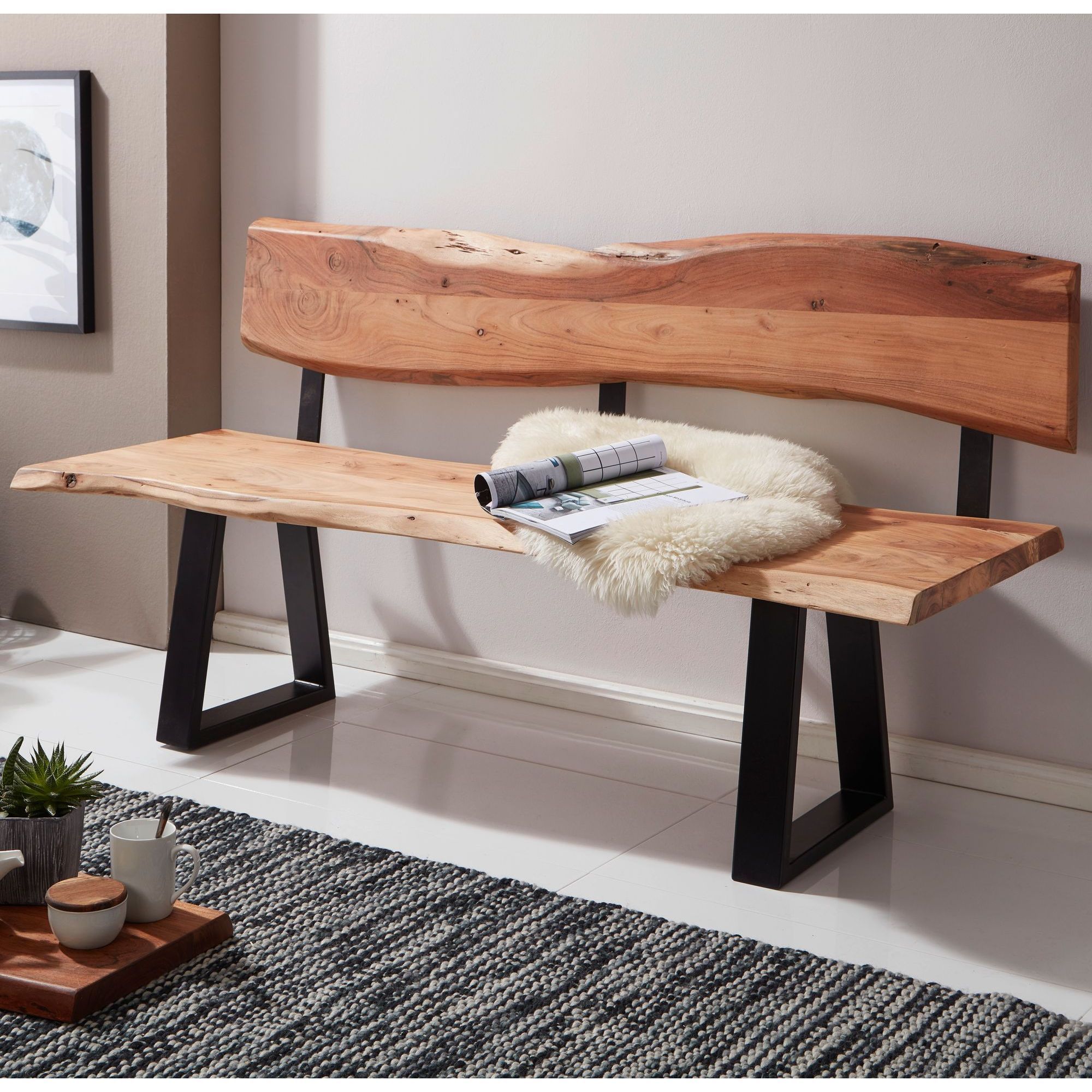 Image of Dining Bench 160x85.5x60 Cm Solid Acacia Wood Bench With Tree Edge, Wooden Bench With Backrest, Kitchen Bench Dining Bench Wooden Country Style, Tree Trunk Kitchen Bench 3 Seater Solid