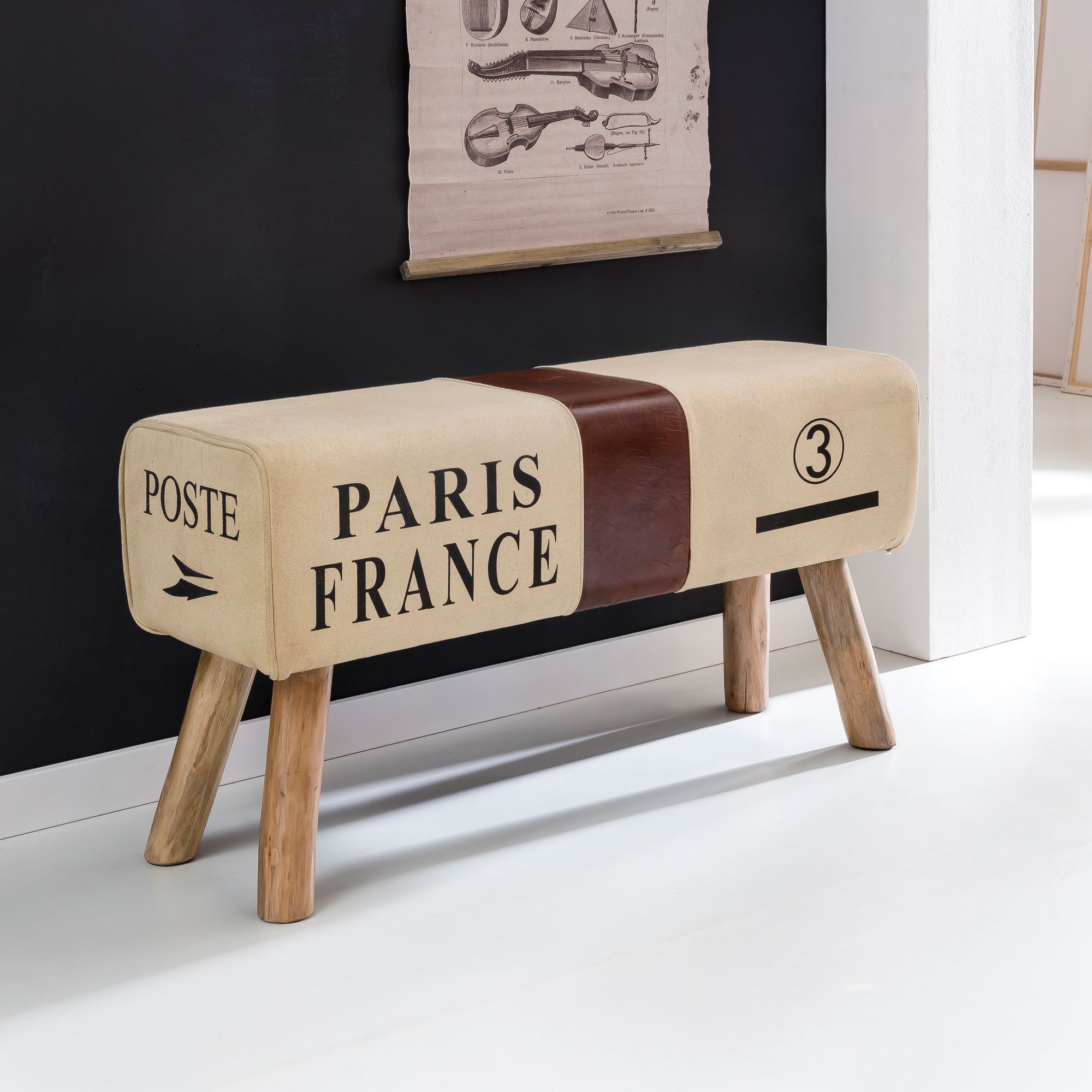 Image of Design Turnbock Seat Bench Canvas Brown 91 X 30 X 50 Cm, Rotating Stool Bank Made Of Real Leather / Fabric, Stool Wardrobe Bench Seat Stool Springbock Turnbench