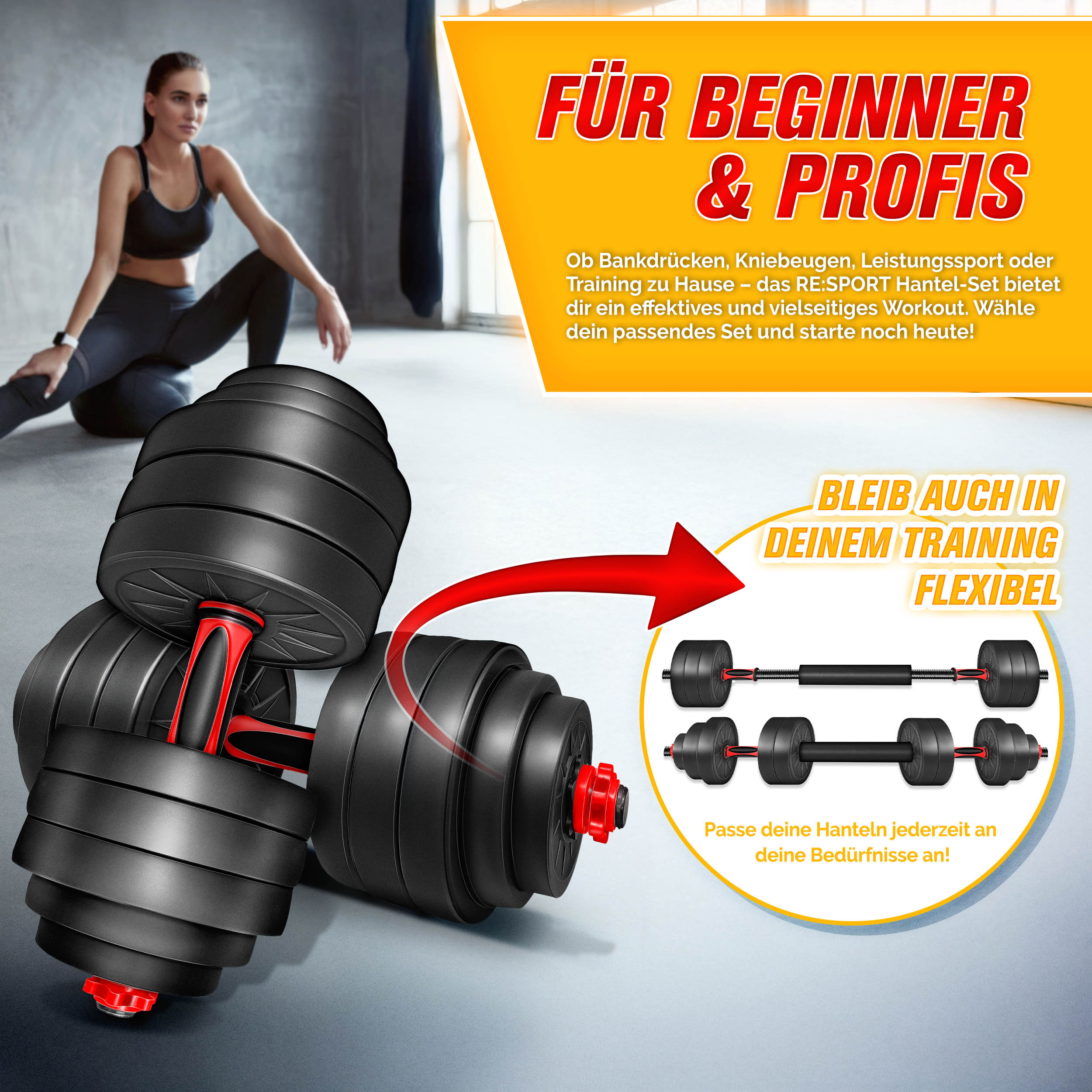 RE:SPORT 2-in-1 Dumbbell Set 20 kg | Verstelbare Dumbbell Set | Korte Dumbbell & Lange Dumbbell | Sterluchtingen & Verbindingsbuis