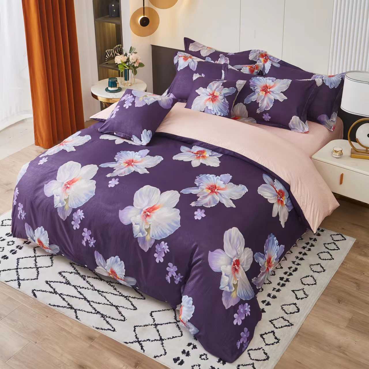 TEMU Purple Floral Crepe 7pcss Bedding Set - Crepe Bedding, Purple Bedding, Floral Bedding, 7pcss Bedding Set