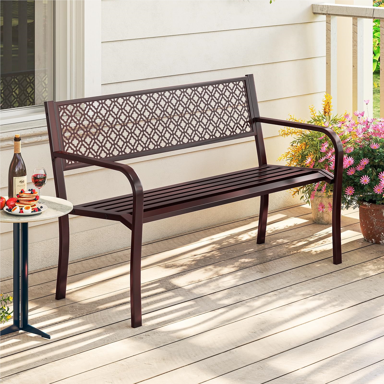 Image of Weatherproof Metal Garden Bench For 2 People, With Backrest & Armrest, Iron Bench For Garden, Terrace, Balcony, 127 X 59 X 82 Cm, Brown, Load Capacity Up To 360 Kg