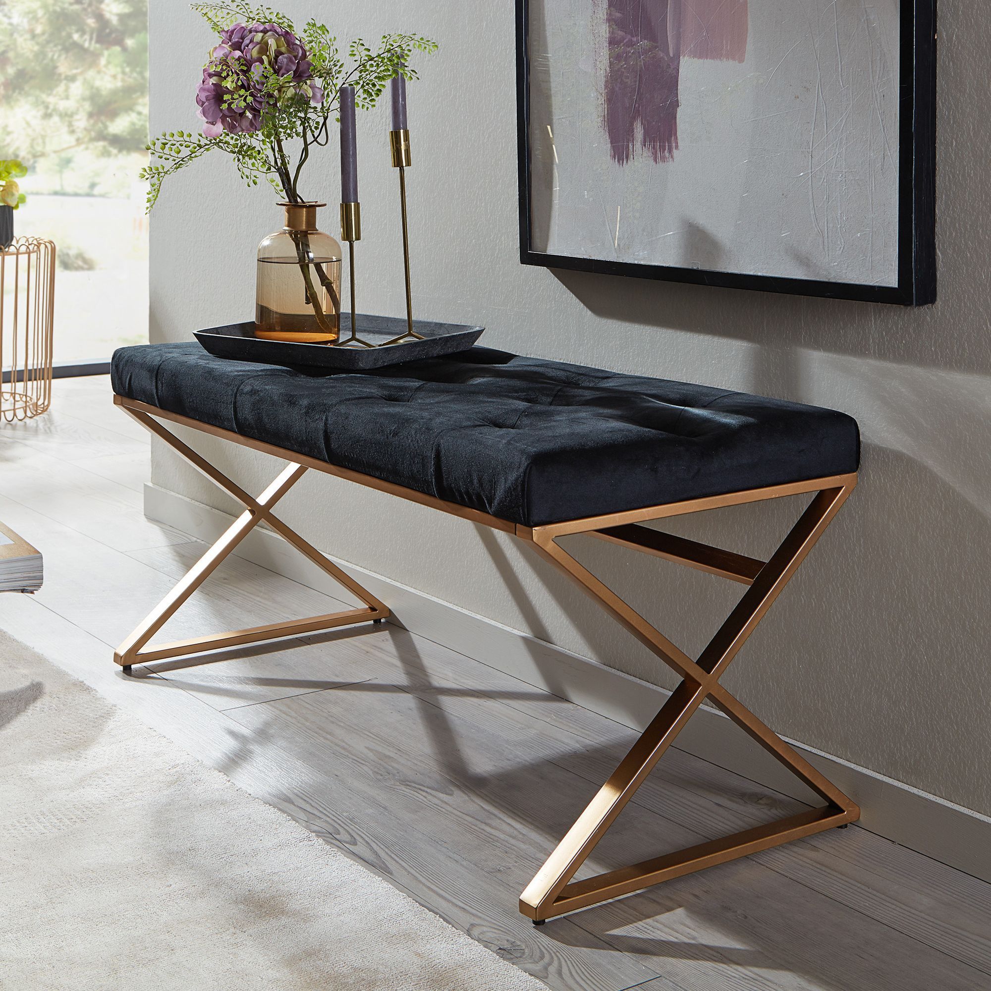 Image of Velvet Bench In Black, 90x46x44 Cm, Hallway Upholstered Bench With Metal Frame, Bed Bench For Bedroom, Chesterfield Design, Modern Hallway Bench, Coat Rack Bench