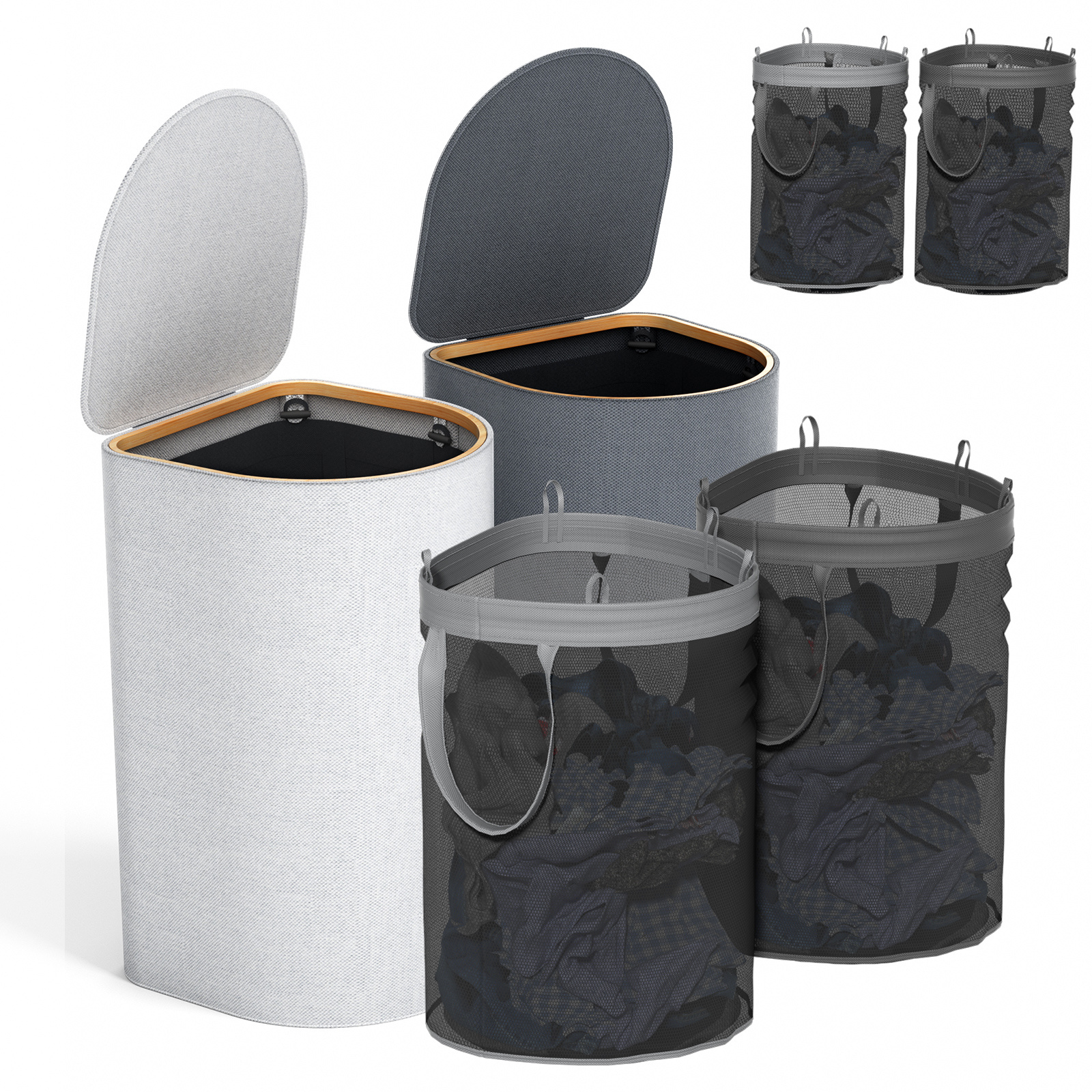 2pcs Laundry Basket Set With Lid 140 Large Volume - Practical Sorting Basket 2-compartment System, 4 Removable Laundry Bags & Space- Foldable (gray, Easy Assembly) For Laundry Room/household