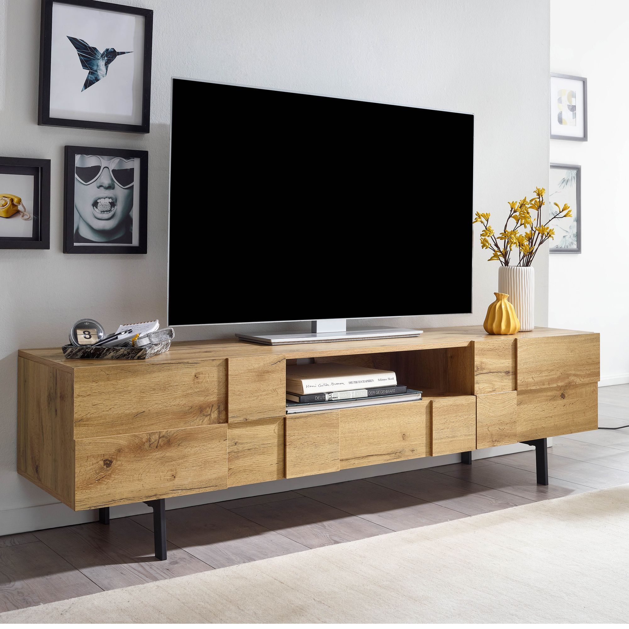 Image of Lowboard Wood Oak Finish 160x46x43 Cm Tv Cabinet With , Tall Design Tv Stand, Modern Tv Table, Living Room Tv Sideboard