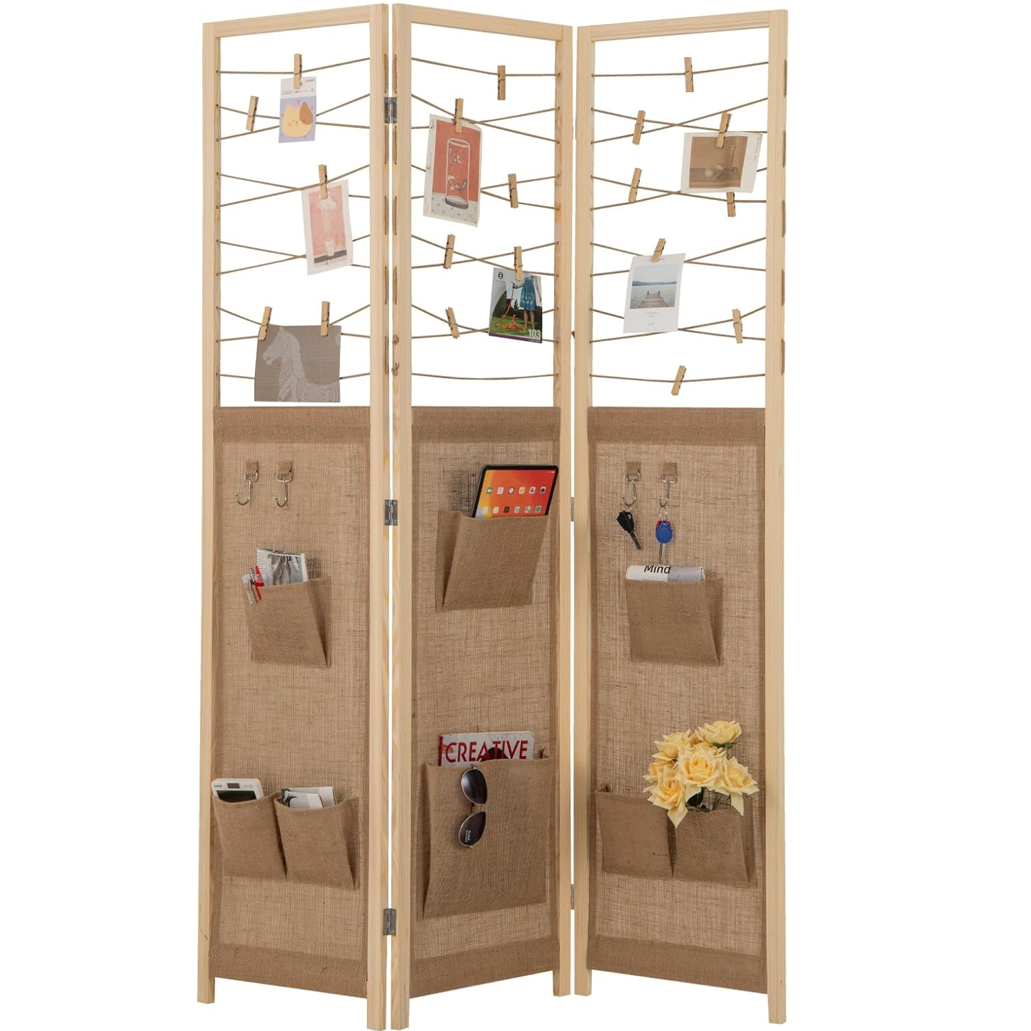 Three-piece Room Divider, Room Divider With Pockets, 4 Hooks, Jute Cords, Folding Pine Protection