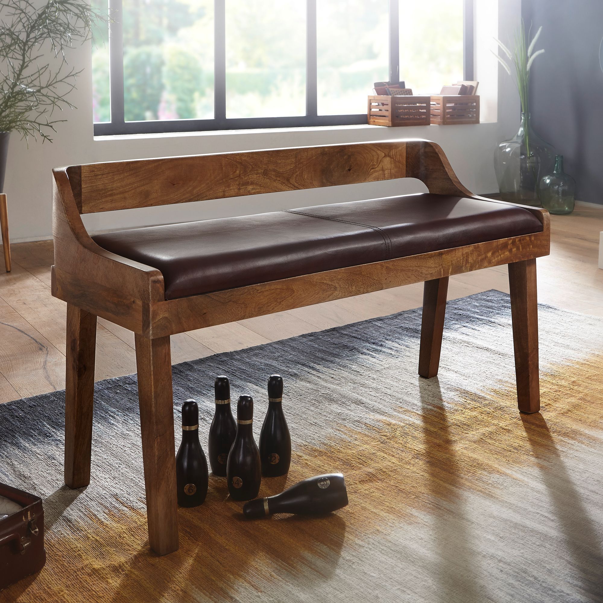 Leather Bench / Solid Wood Bench 108x63x43 Cm, Upholstered Bench With Backrest, Hallway Bedroom Bench Brown, Small Leather Bed Bench