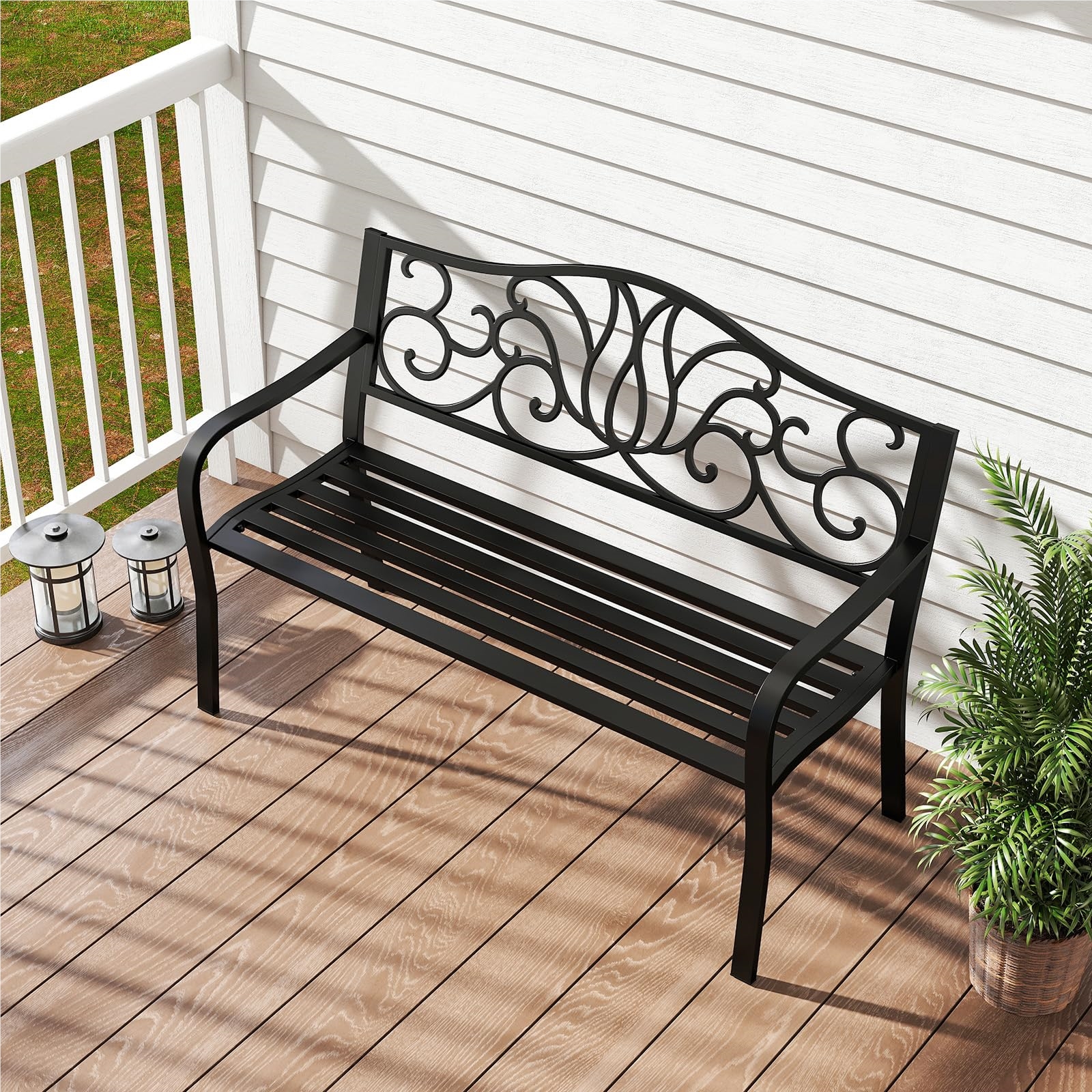 Image of Weatherproof Metal Garden Bench For 2 People, With Backrest & Armrest, Iron Bench For Garden, Terrace, Balcony, 127 X 61.5 X 89 Cm, Load Capacity Up To 300 Kg