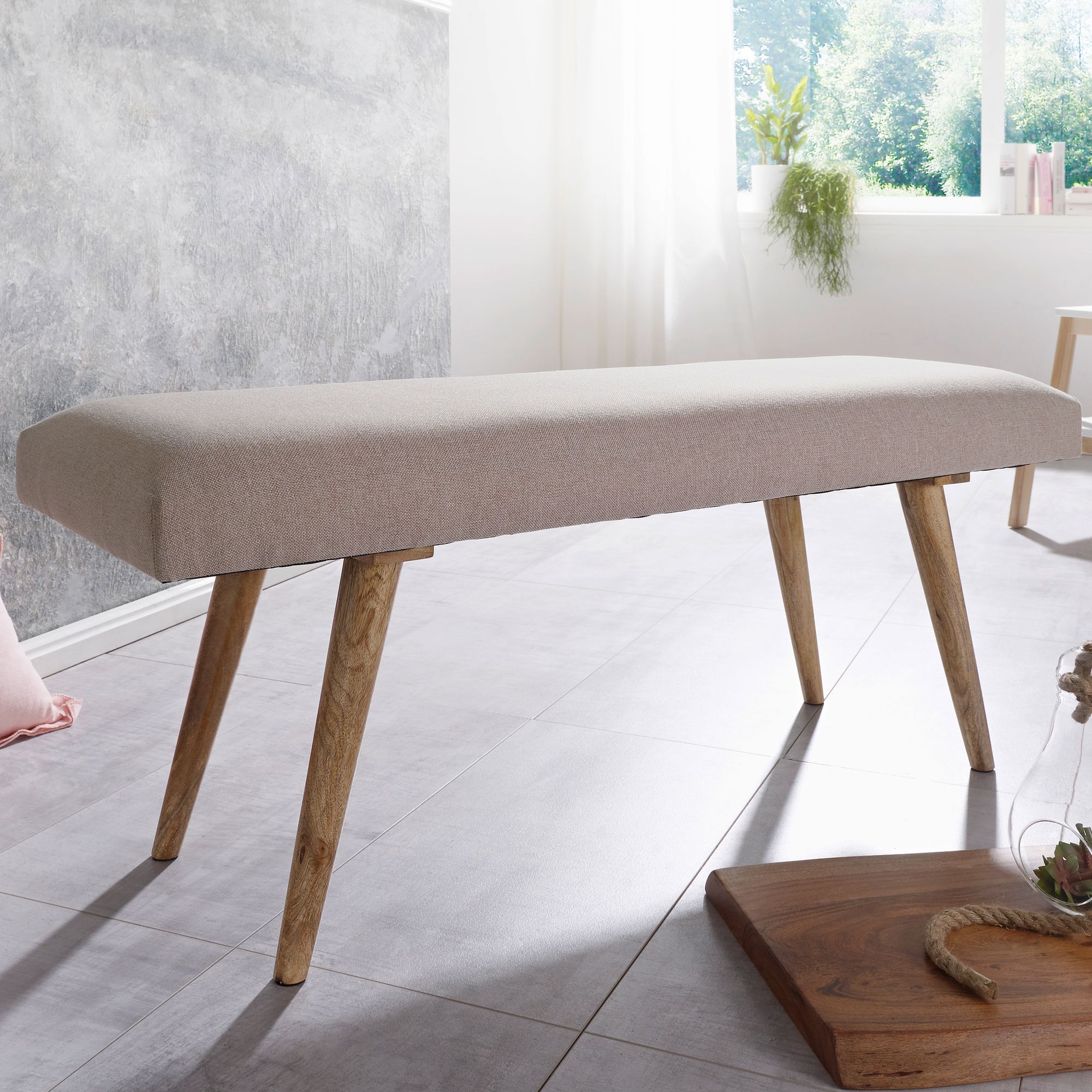 Image of Fabric/solid Wood Bench, Beige, 117x51x38 Cm, Retro Style, 2-piece Upholstered Bench For Hallway, Padded Fabric Bench For Dining Room, Brown, Small Bed Bench, Narrow Hallway Bench, Floor Furniture