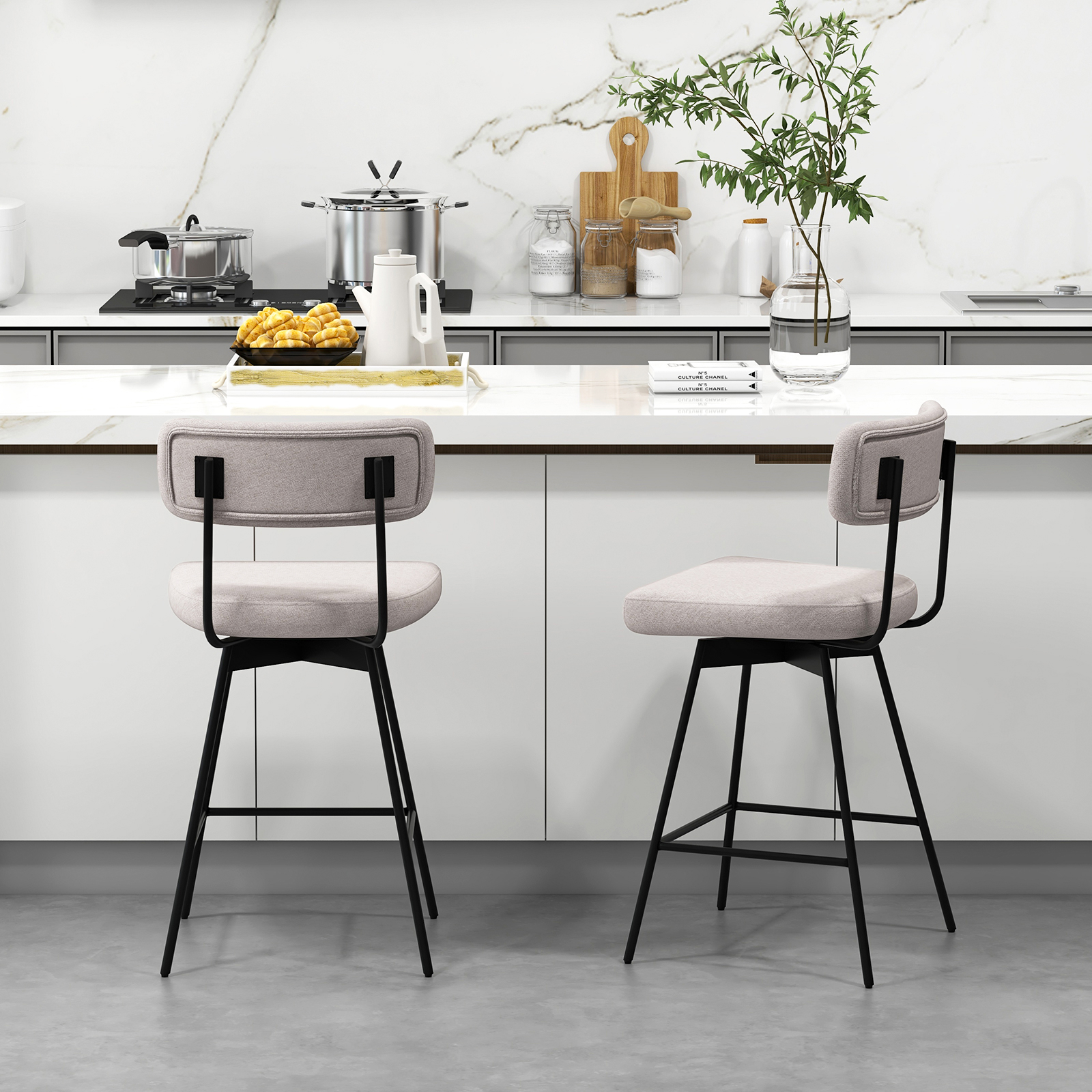 Image of Bar Stools Set Of 2, Modern Upholstered Swivel Bar Chairs, 25" Counter Height Barstools With Padded Seat & Curved Back, Metal Footrest