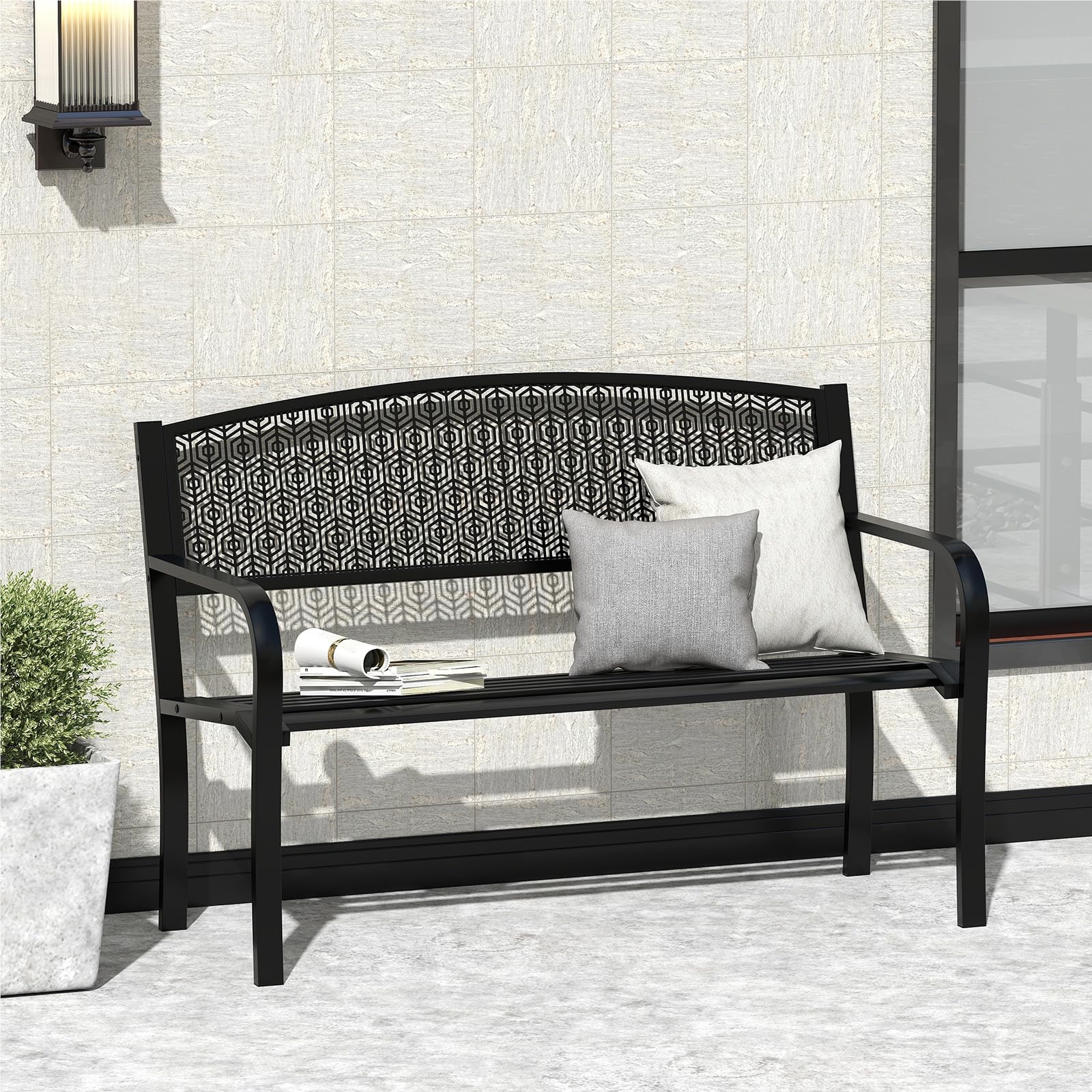 Image of Weatherproof Metal Garden Bench For 2 People, With Armrest, Iron Bench For Garden, Terrace, Balcony, 128 X 60 X 86 Cm, Black, Load Capacity Up To 300 Kg