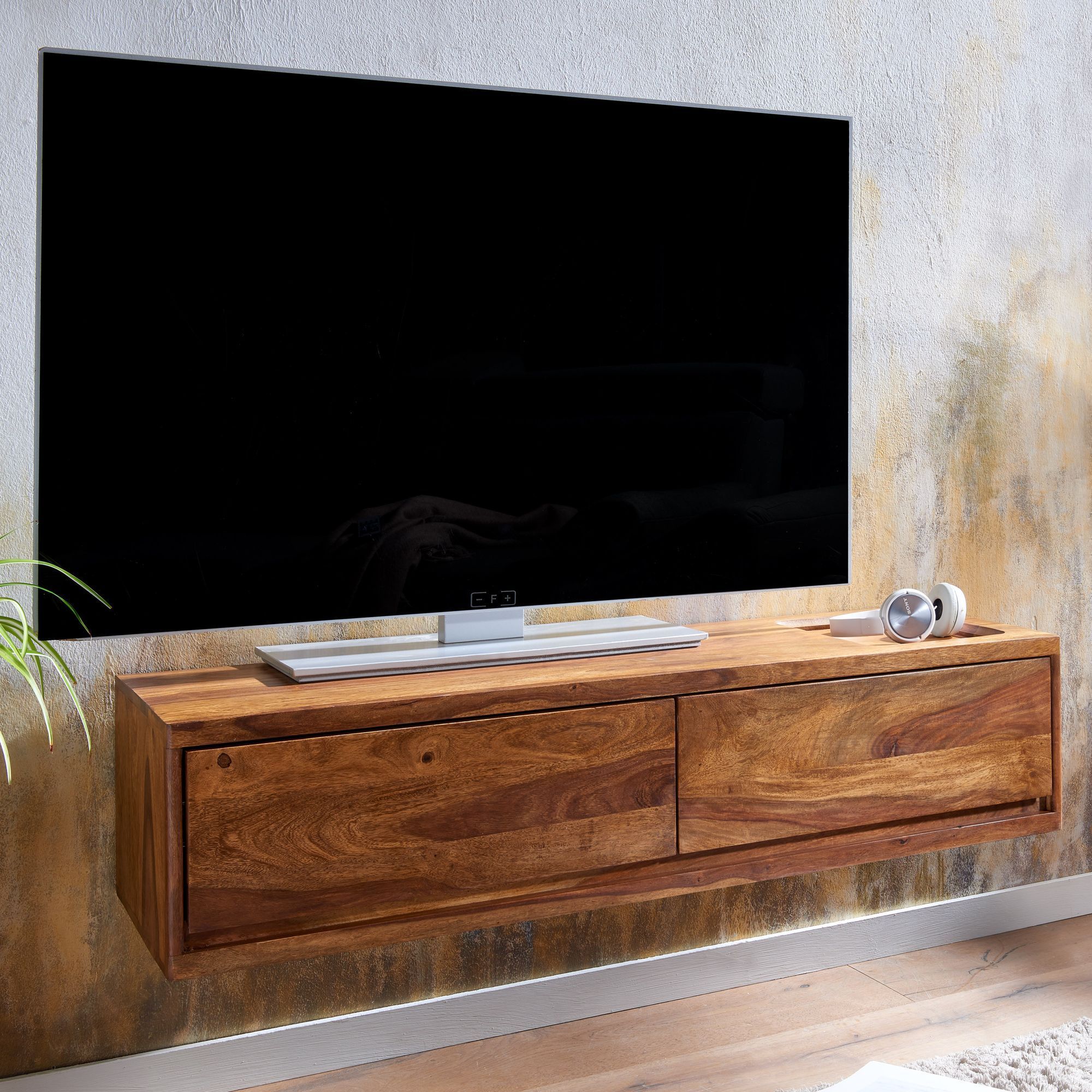 Image of Lowboard Hanging Solid Wood 108x25x34 Cm Tv Cabinet Brown, Design Tv Table With Storage Space, Modern Cabinet, Hanging Tv Sideboard