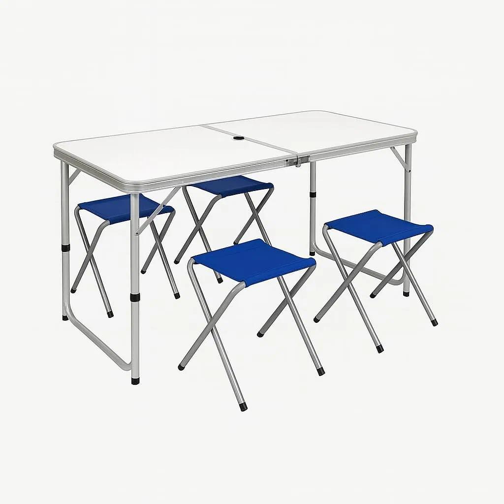 TEMU Set tavolo campeggio in alluminio con 4 sgabelli blu - Mis. Tavolino 120x60x71 cm - Tavolo pieghevole a valigetta con e foro per ombrellone