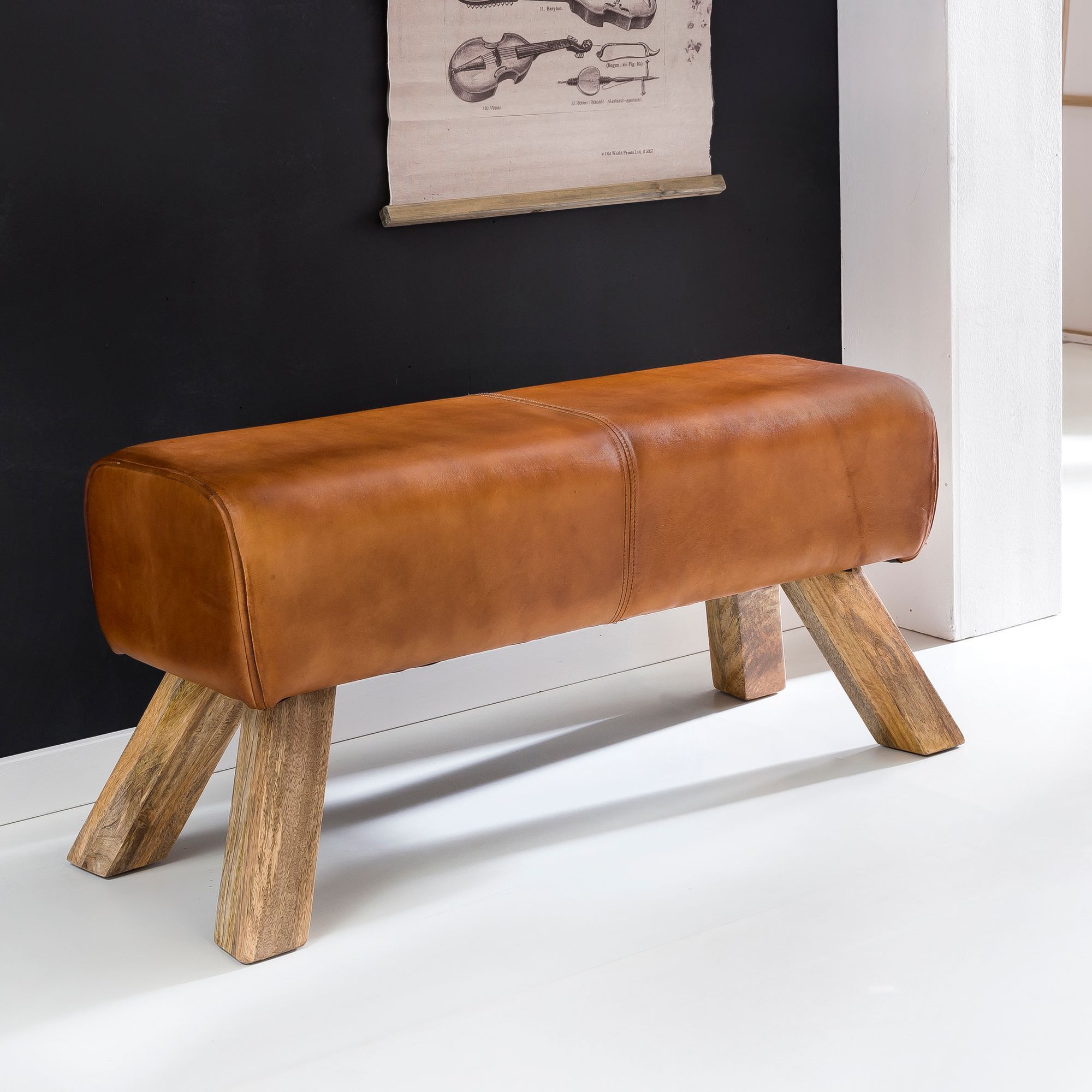 Image of Design Stool Fb45549 Wood 90x30x43 Cm Leather Modern , Leather Stool With Wooden Legs, Solid Wood Stool With Leather, Turning Bench Upholstered, Coat Rack Bench Real Leather