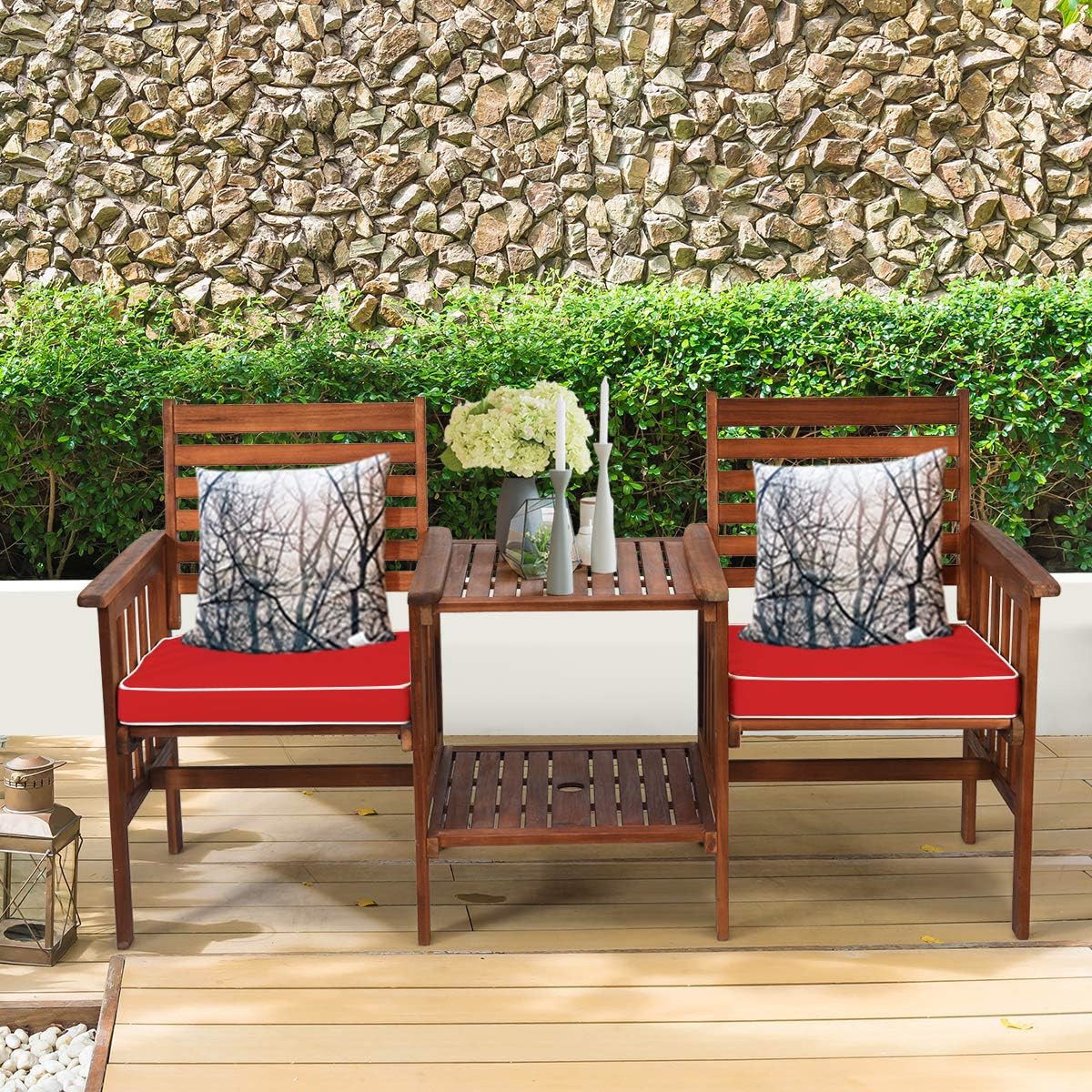 Image of Acacia Wood Loveseat With Table, 3 Pieces Wooden Table Chairs Set With Cushions, 2.1 Inch Umbrella Hole