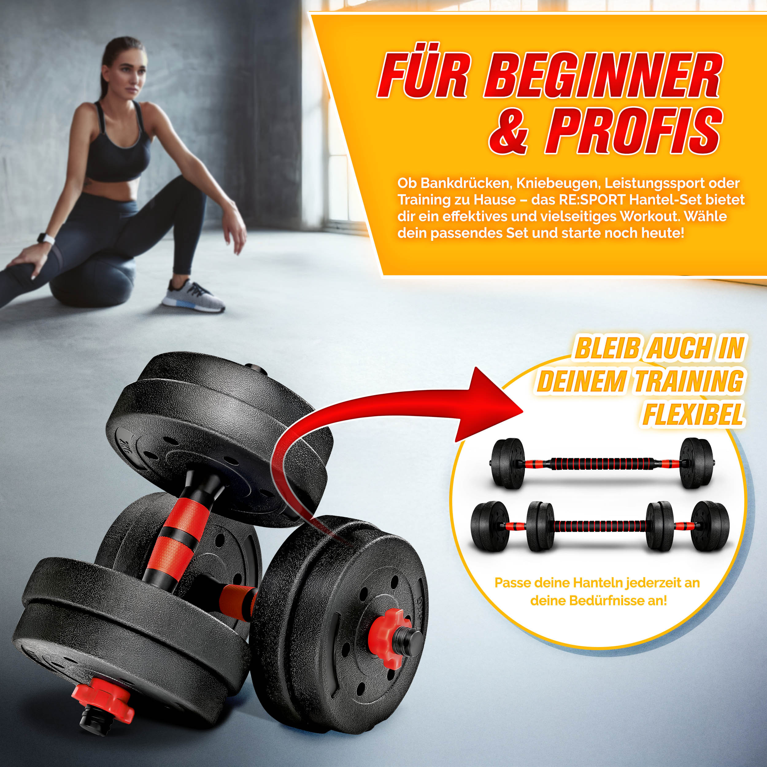 RE:SPORT 2-in-1 Dumbbell Set 20 kg | Verstelbare Dumbbell Set | Korte Dumbbell & Lange Dumbbell | Sterluchtingen & Verbindingsbuis