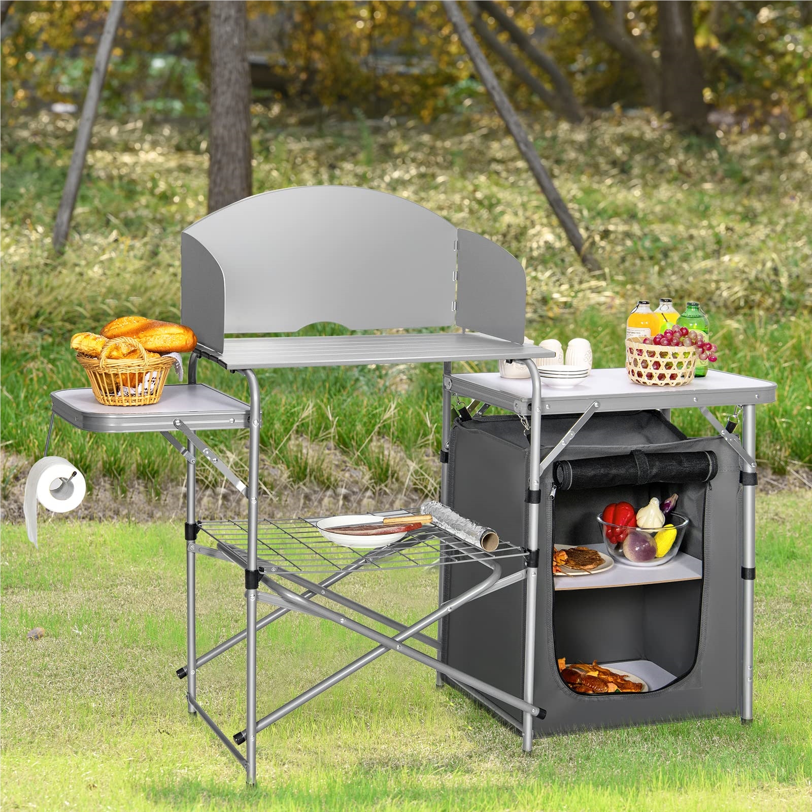 Image of Collapsible Camping Cabinet, Camping Kitchen With Windscreen & Storage Bag, Portable Camping Folding Cabinet Aluminum Frame, Outdoor . Carrying Bag, For Picnic, Grilling, Parties