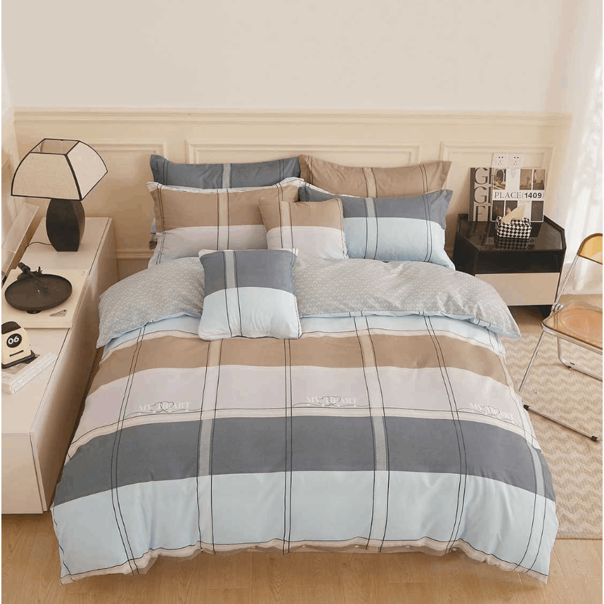 TEMU My Heart 3pcss Flannel Bedding Set - Flannel Bedding, 3pcss Bedding, Blue Bedding Set, Brown Bedding Set, Checked Bedding, Elegant Bedding Set,