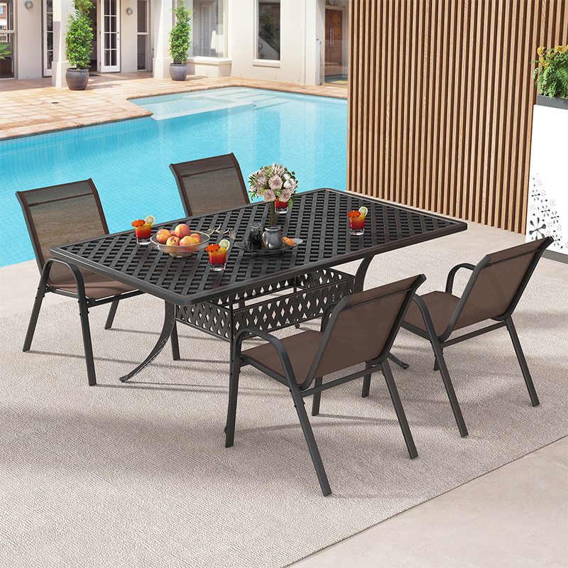 Set Of 4 Stackable Garden Chairs, Comfortable Patio Chair With Backrest, Metal And Textilen