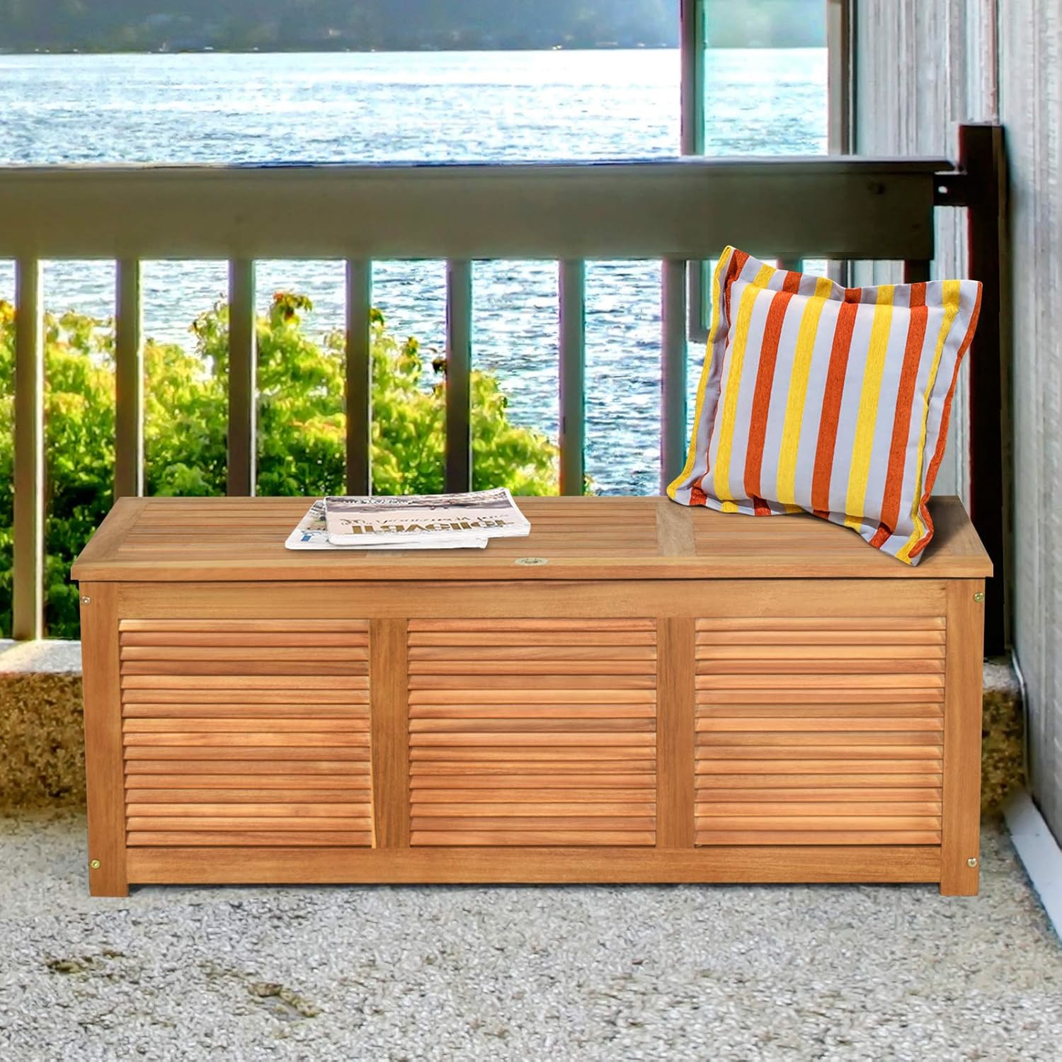 Multifunctional Acacia Wooden Garden Bench And Storage Box, 178l Deck Box With Ventilation, Adjustable Top Lid