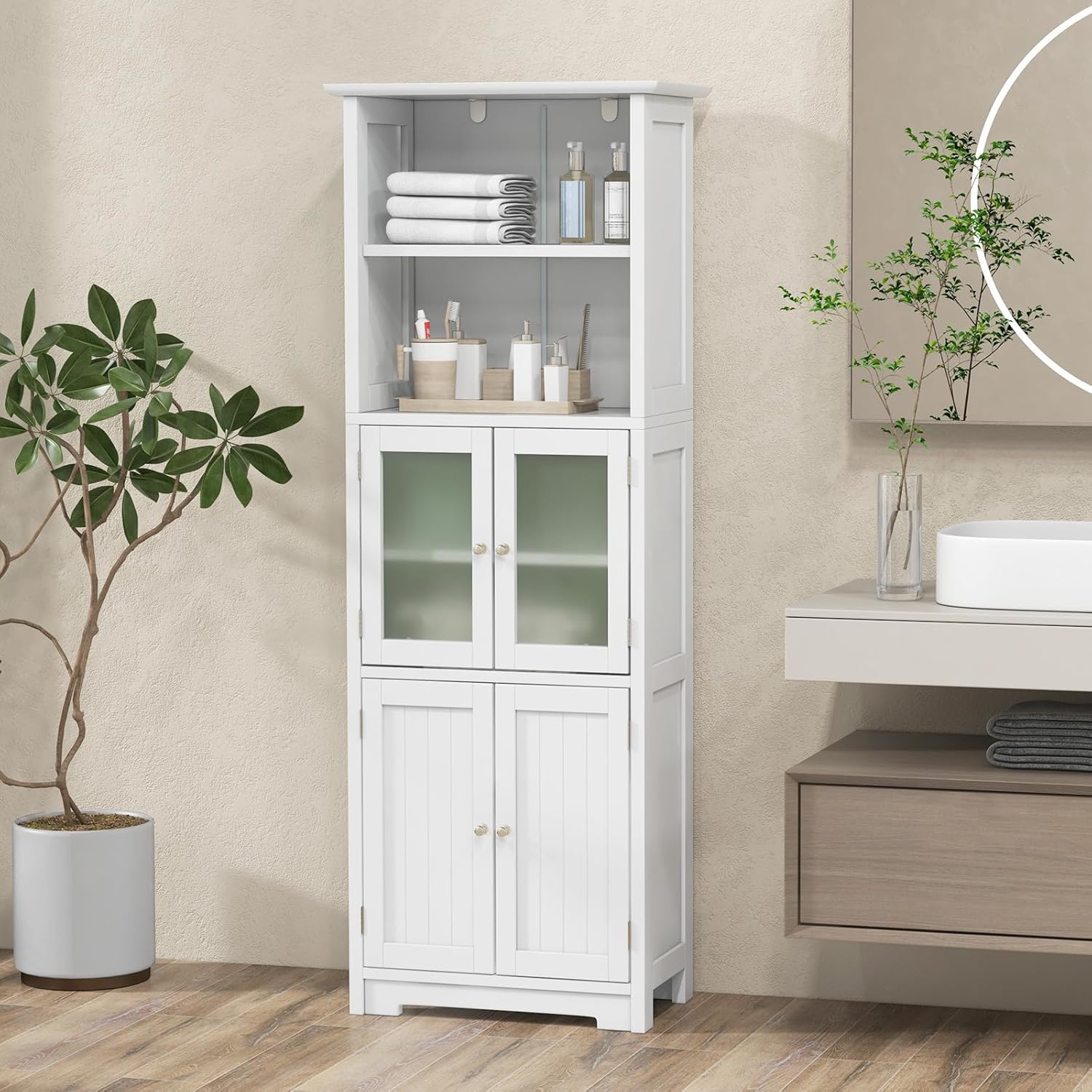 Bathroom Storage Unit With 3 Parts, 6 Tier Storage Unit With 2 Open Shelves And 2 Compartments