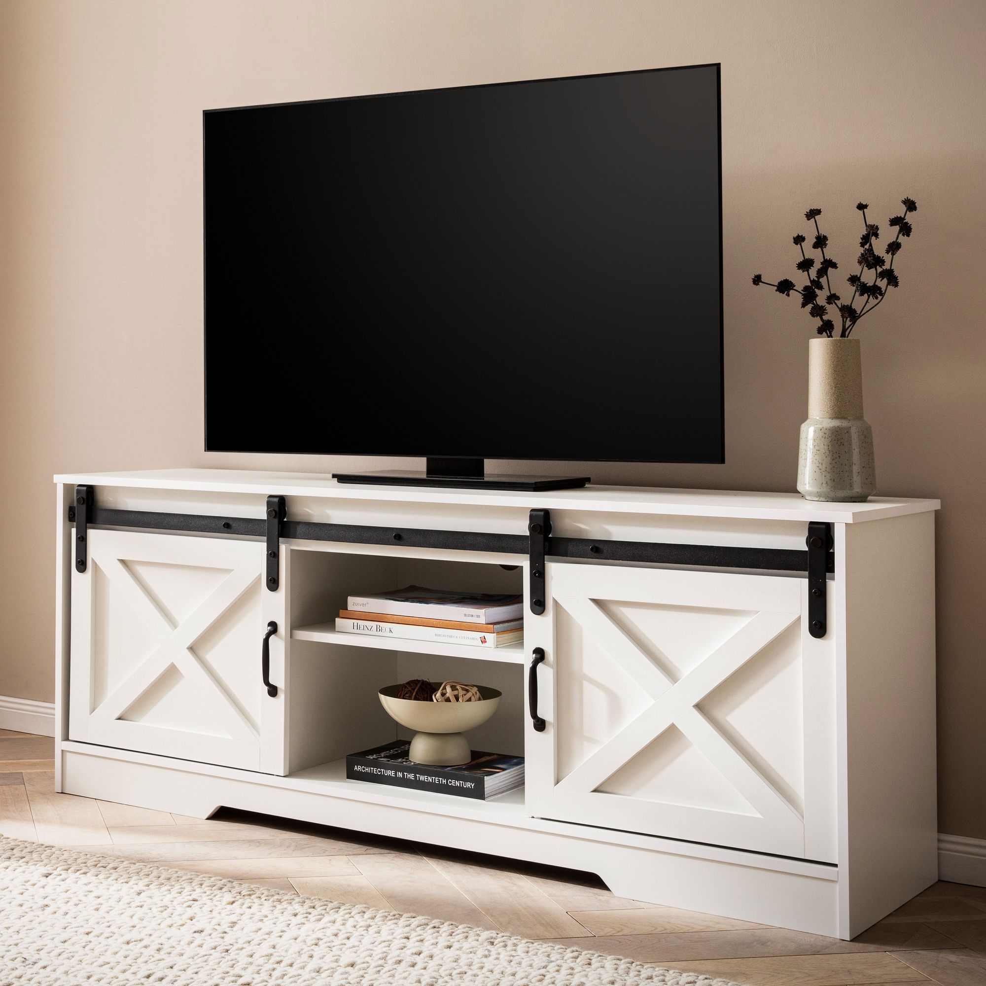 Image of White Lowboard 150x59.5x39.5 Cm, Cabinet, Tall Design Tv Stand, Tv Table With 2 Sliding Doors, Living Room Tv Sideboard