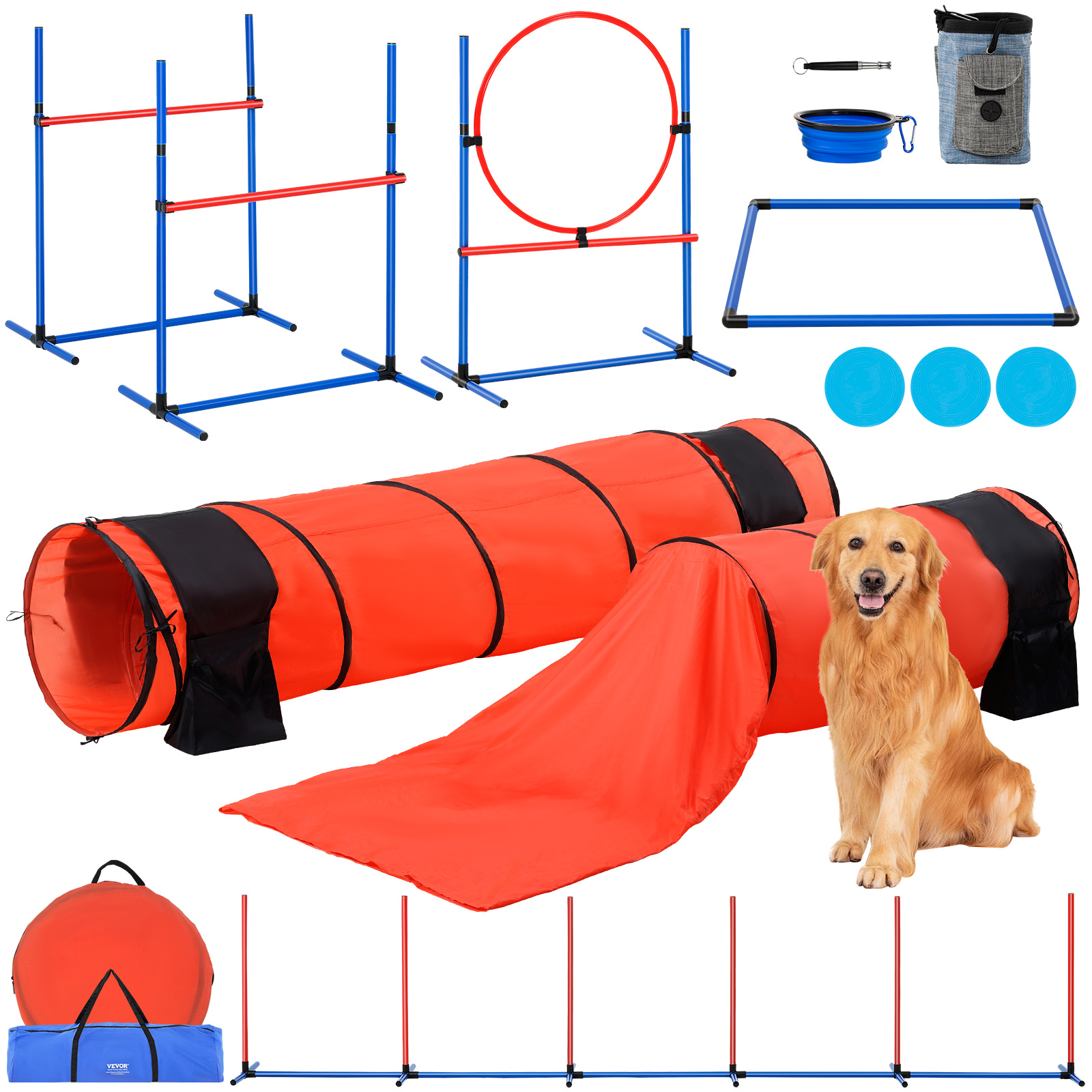 Vevor Dog Agility Training Equipment 7pcs Set Upgrade W/ Hurdles 2 Tunnels Ring
