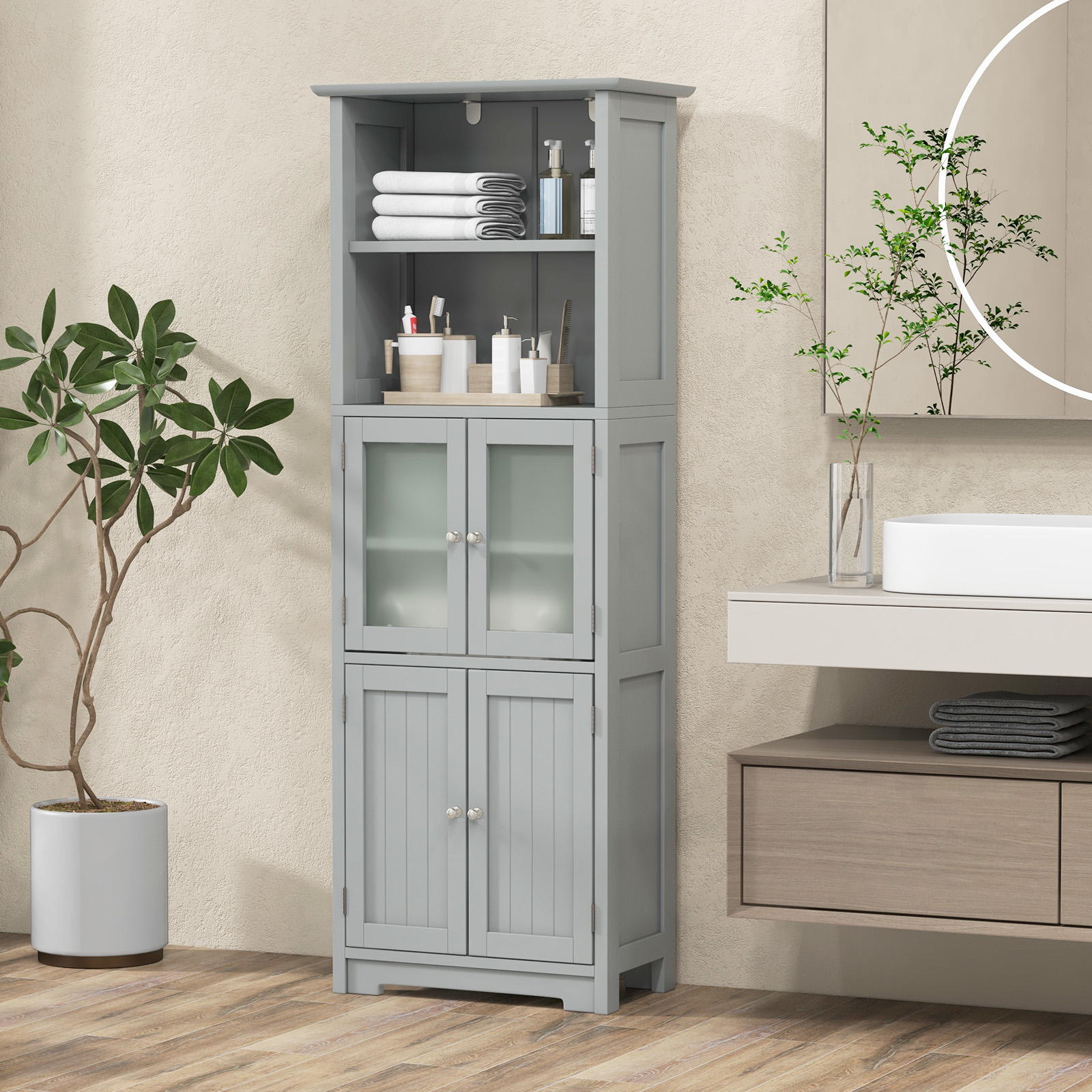 Image of Bathroom Storage Unit With 3 Parts, 6 Tier Storage Unit With 2 Open Shelves And 2 Compartments, Clear Glass Doors And Metal Handles, Grey