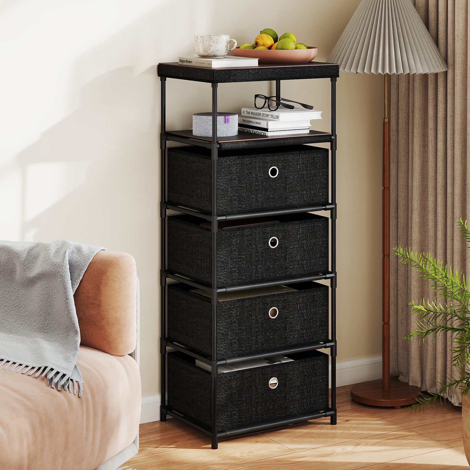 Image of Four-drawer Dresser With Shelf, Chest Of Drawers With Fabric Bins, Industrial Storage Tower Unit