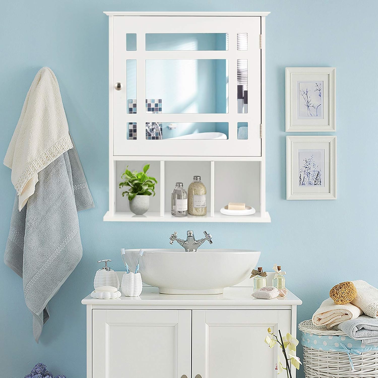 Image of Mirror Cabinet With Shelf, Bathroom Cabinet With Adjustable Shelf, Kitchen Wall Cabinet Made Of Wood, 50 X 16 X 61 Cm