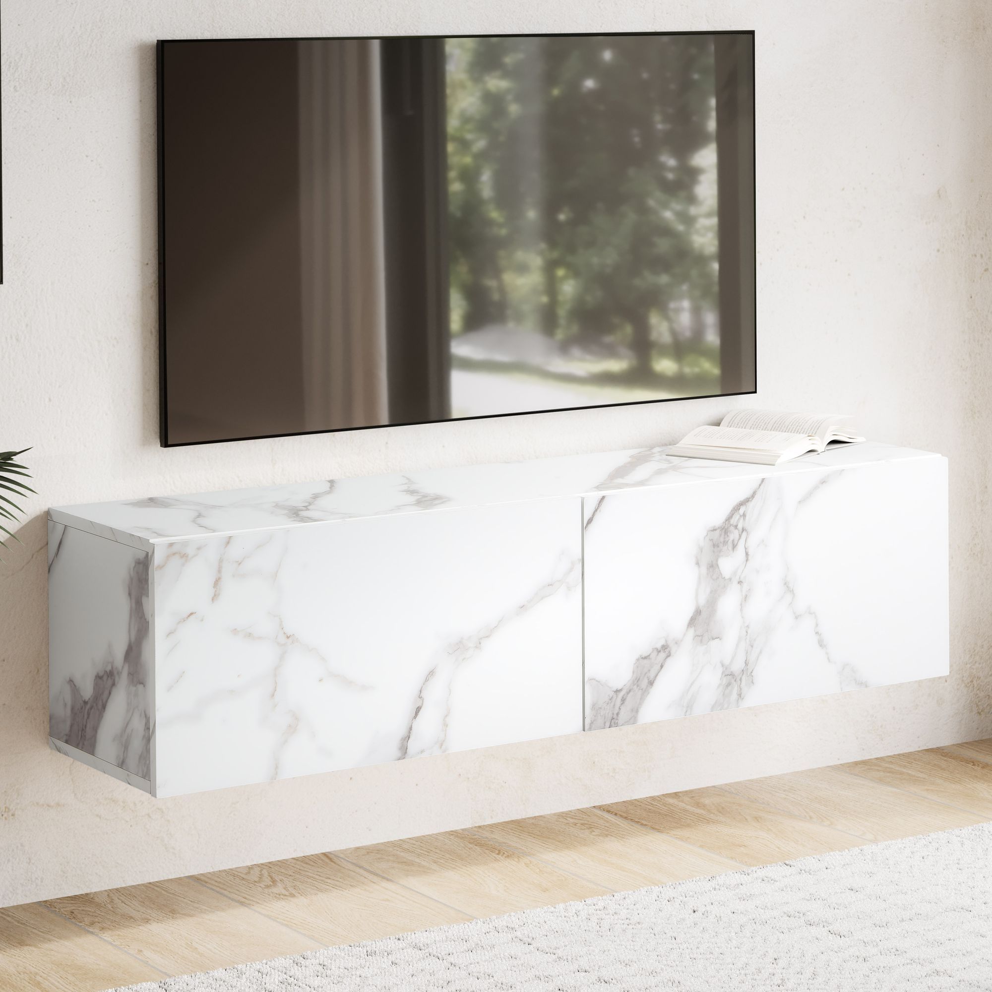 Lowboard Hanging Marble-optic 120x30x30 Cm Tv Cabinet, Tv Stand With Flip-down Doors, Wall-mounted Tv Cabinet, Tv-commode For Hanging