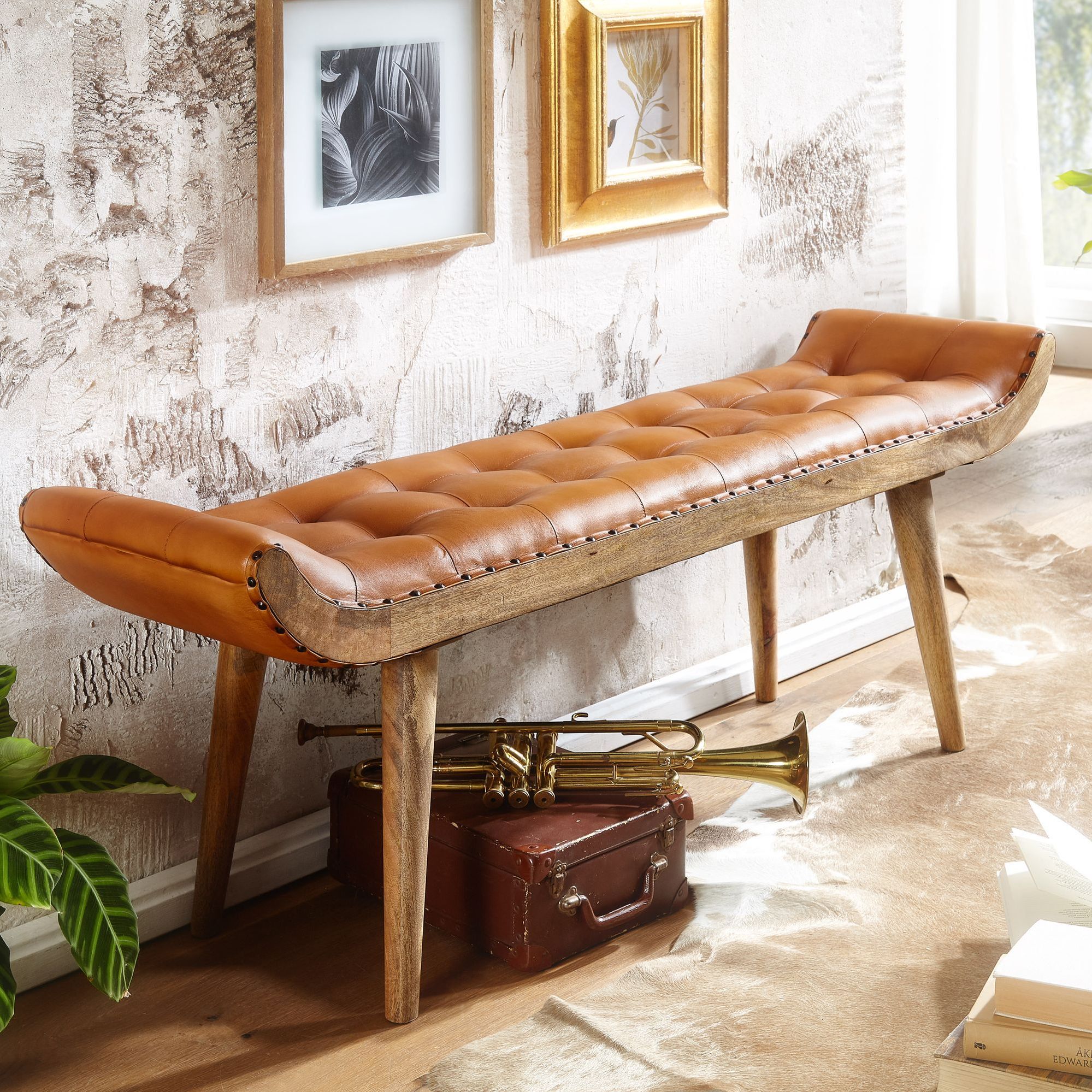 Leather Bench / Solid Wood Bench Brown 125x50x38 Cm Chesterfield, Upholstered Bench Design Hallway, Leather Bench Bed Bench For 2 People, Modern Hallway Bench