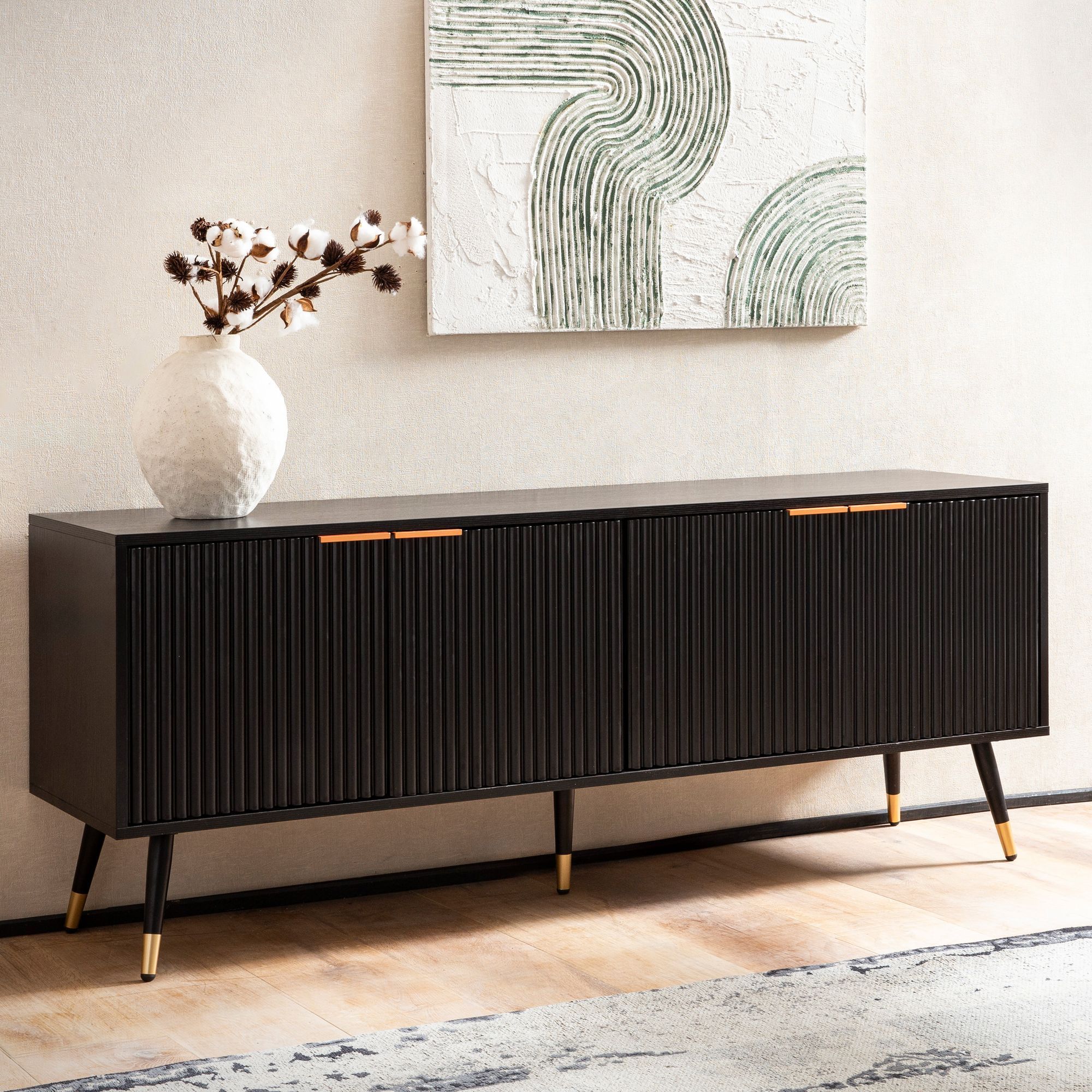 Image of Lowboard Black With Oak Decor 150x60x39 Cm Modern Tv Cabinet, Stand, Tv Table With Doors, Tv Cabinet Living Room