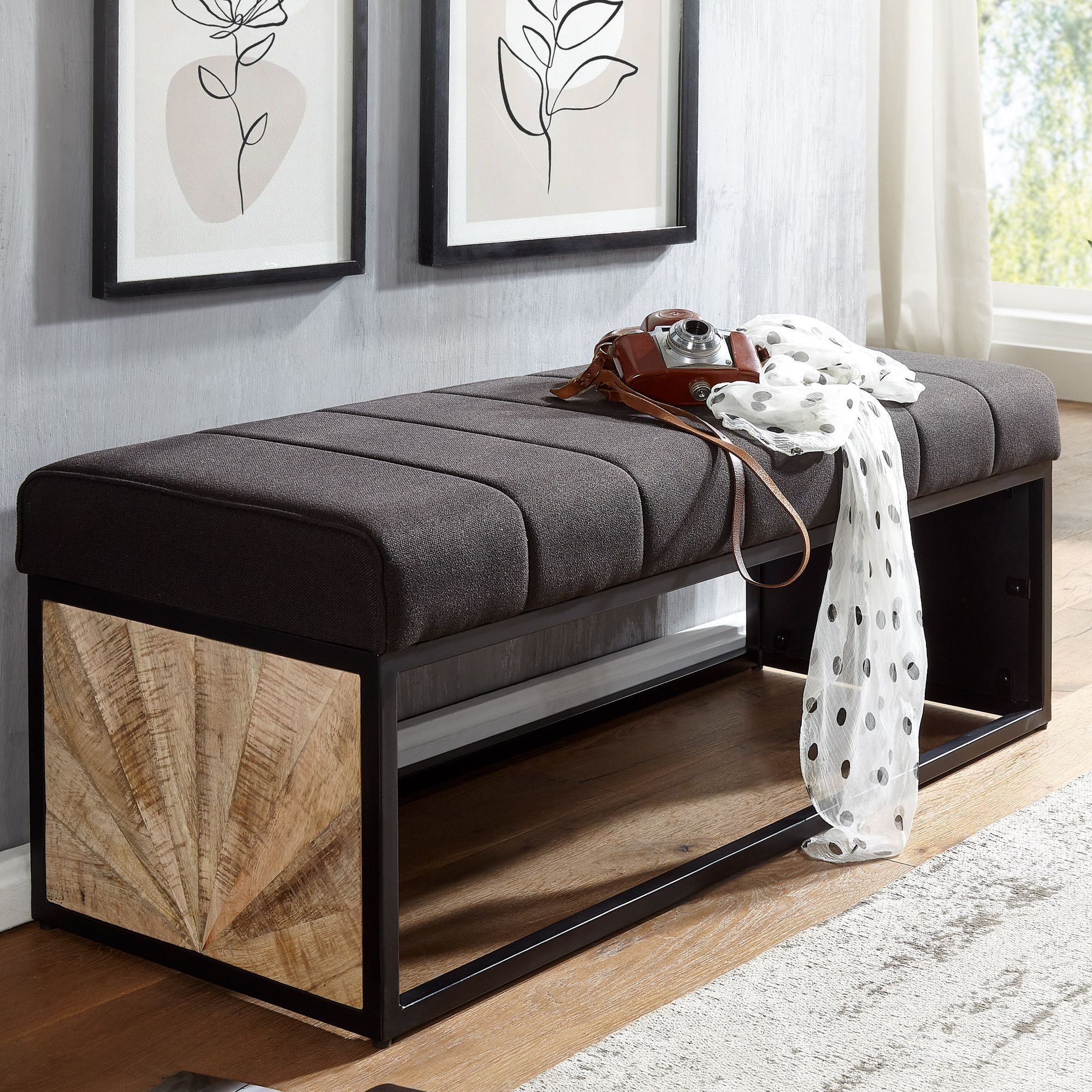 Fabric Bench, Black, 105x40x40 Cm, Hallway Upholstered Bench With Metal Frame, Design Bench For Bedroom, Hallway Bench, Coat Rack Bench