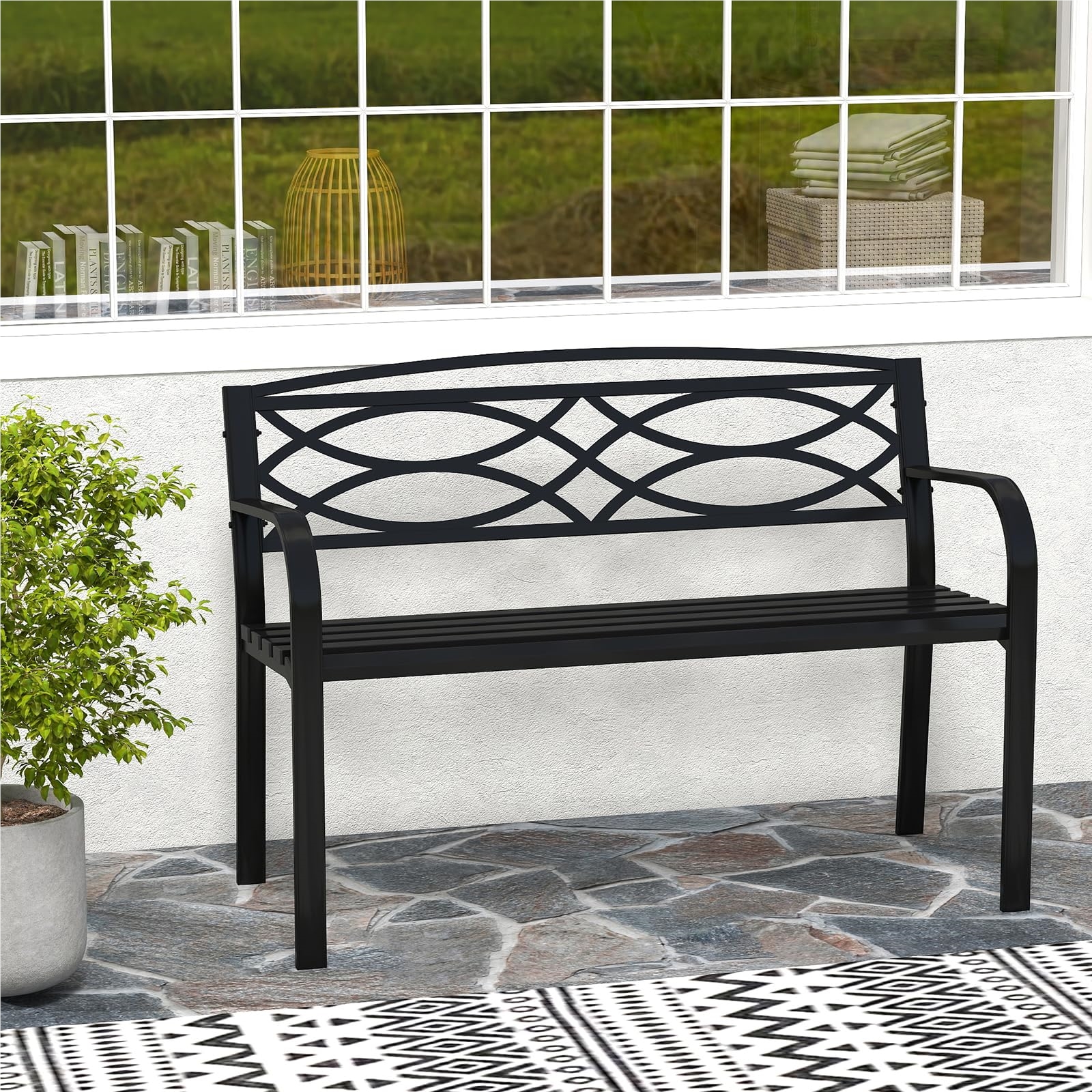 Metal Garden Bench, Weather-resistant Bench For 2 People, With Backrest And Armrest, Metal Bench Loadable Up To 300 Kg, Iron Bench For Garden, Terrace, Balcony, 116 X 49 X 83 Cm